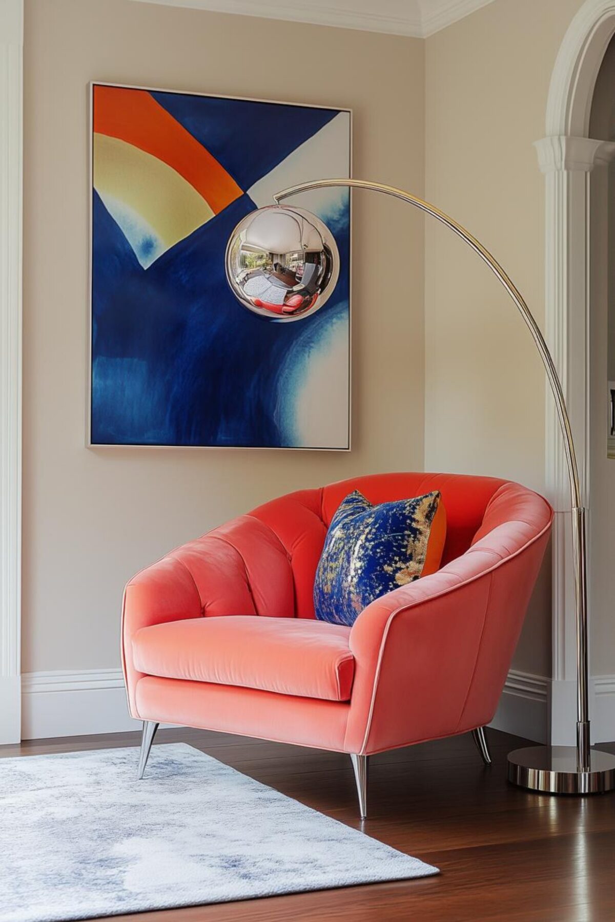 Fauteuil corail arrondi avec lampadaire chrome et grande affiche abstraite bleue, pour une touche déco années 80 colorée.