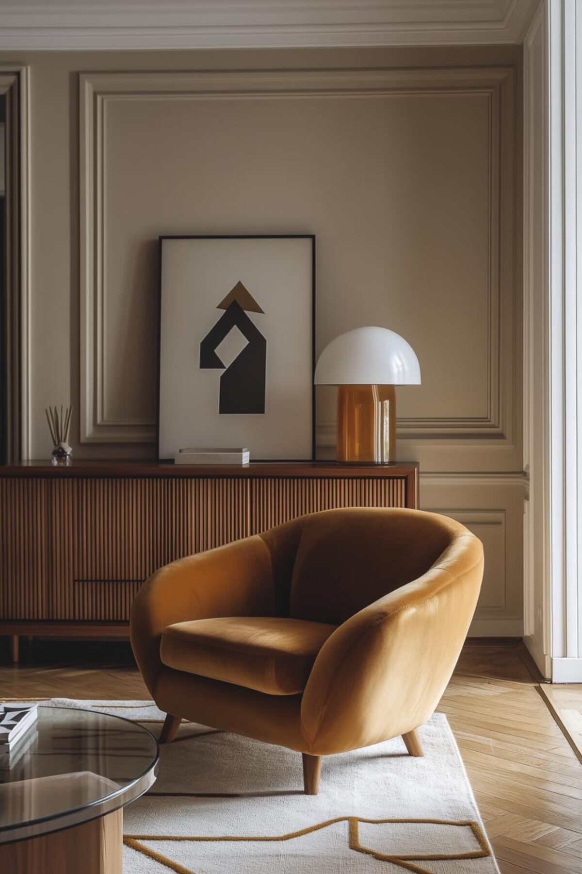 Fauteuil ocre arrondi devant un buffet en bois, avec lampe champignon blanche, table en verre et affiche graphique.