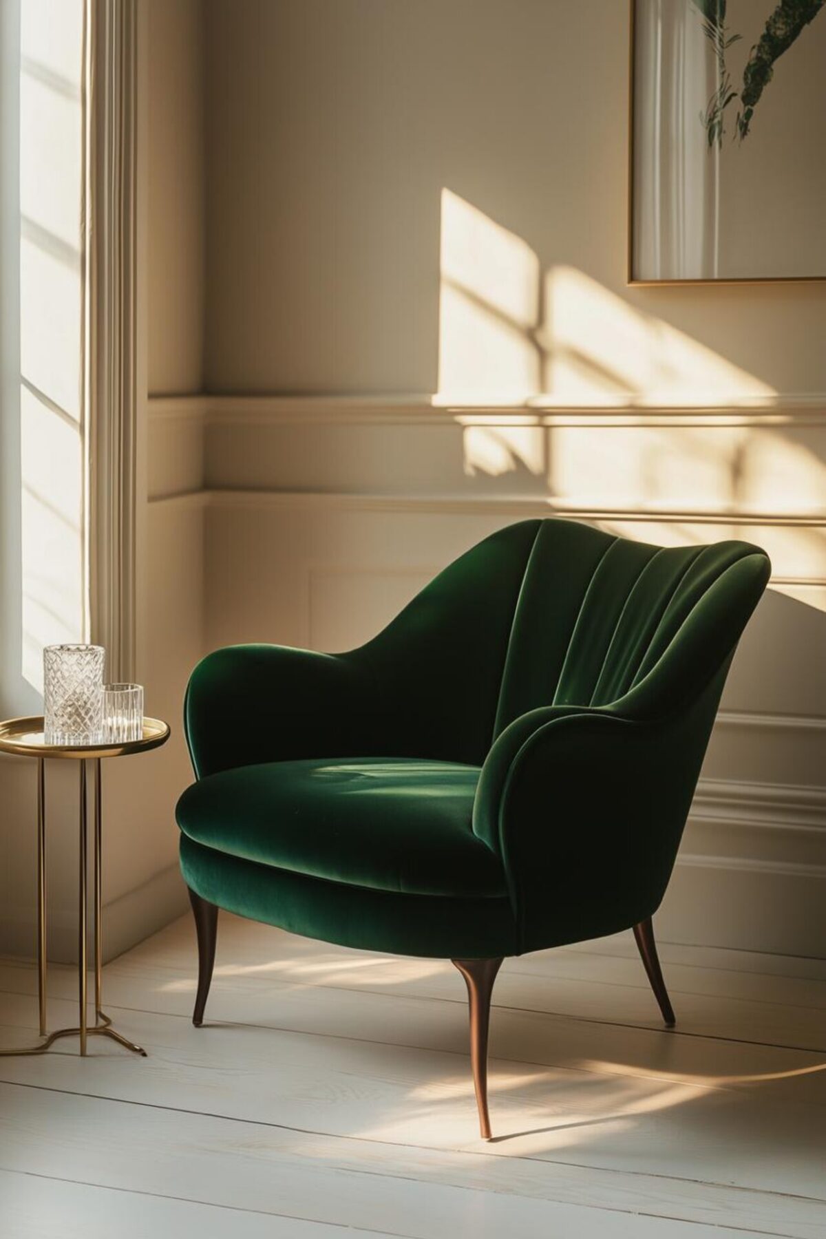 Fauteuil cocktail en velours vert foncé placé près d’une fenêtre, avec table d’appoint en laiton et lumière douce.