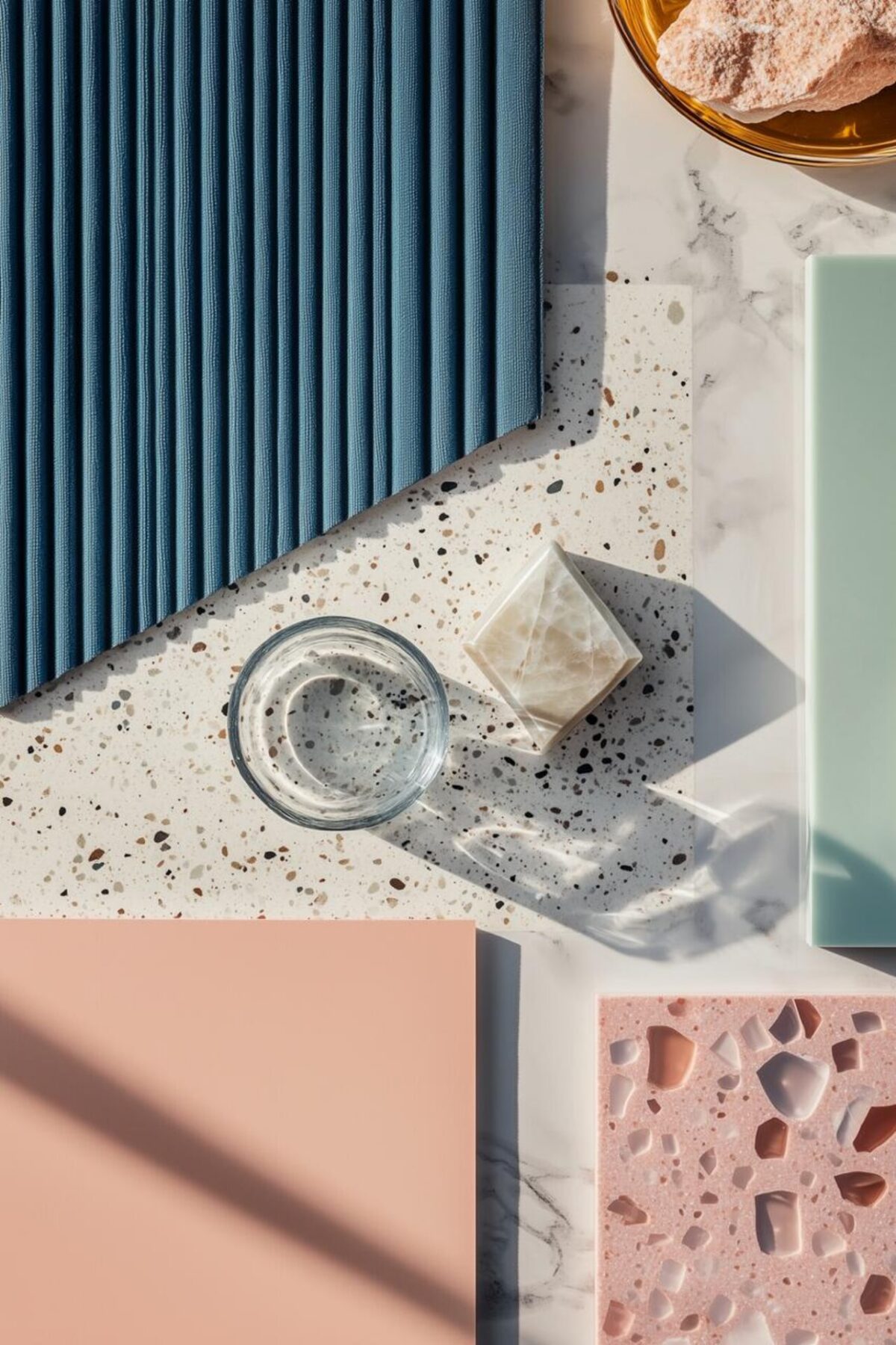 Composition de matières avec terrazzo rose, verre transparent, marbre clair, bleu texturé et blocs pastel inspirés de la déco années 80.