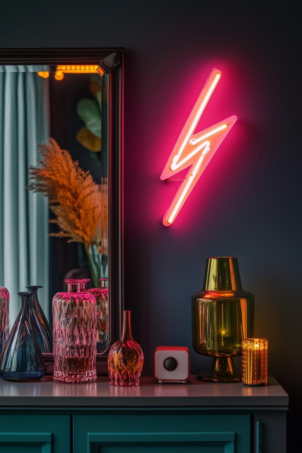 Néon éclair rose au mur, miroir noir et objets en verre coloré sur un meuble vert foncé, dans une ambiance années 80 assumée.