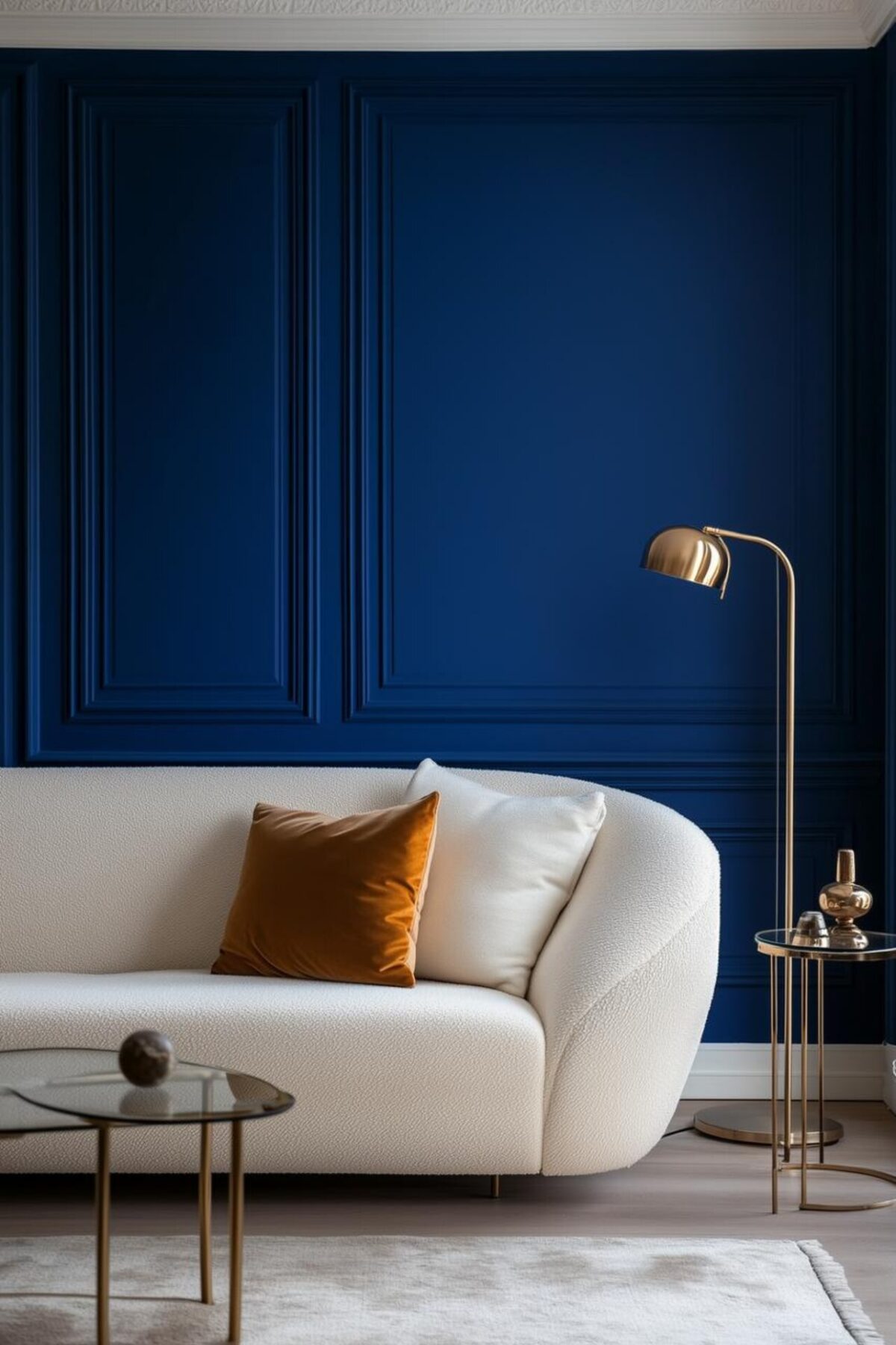 Salon avec mur bleu cobalt mouluré, canapé bouclé blanc, coussin ocre et lampadaire laiton, dans une ambiance chic inspirée des années 80.