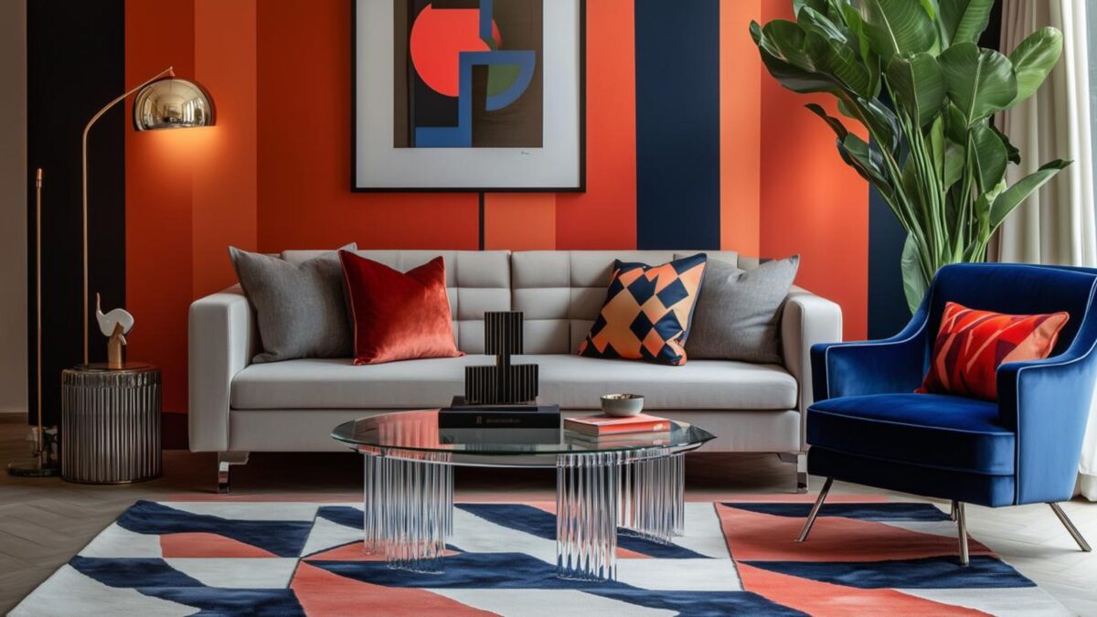 Salon contemporain inspiré de la déco années 80 avec mur graphique, fauteuil bleu, table en verre et touches de chrome.