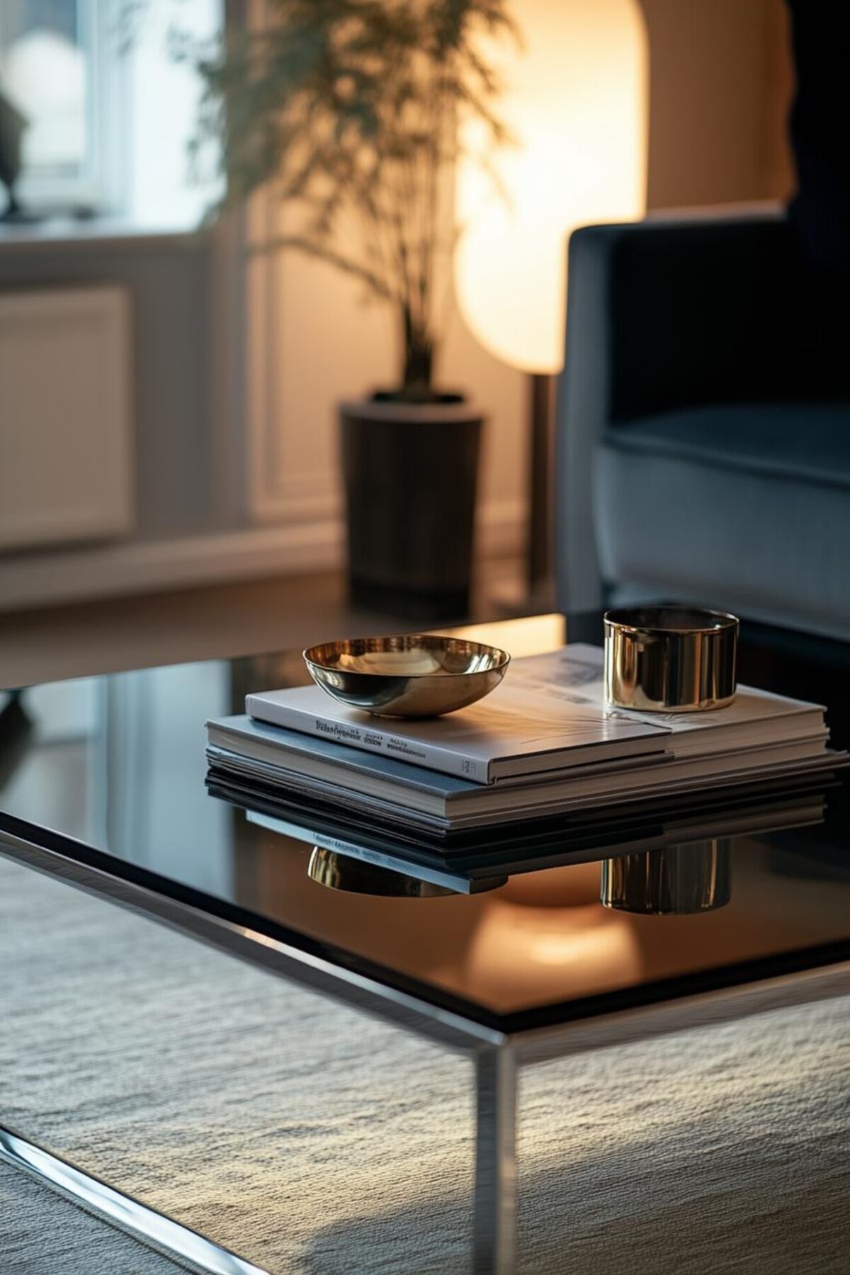 Table basse en verre fumé et chrome avec livres, coupe métallique et reflets lumineux dans un salon contemporain.