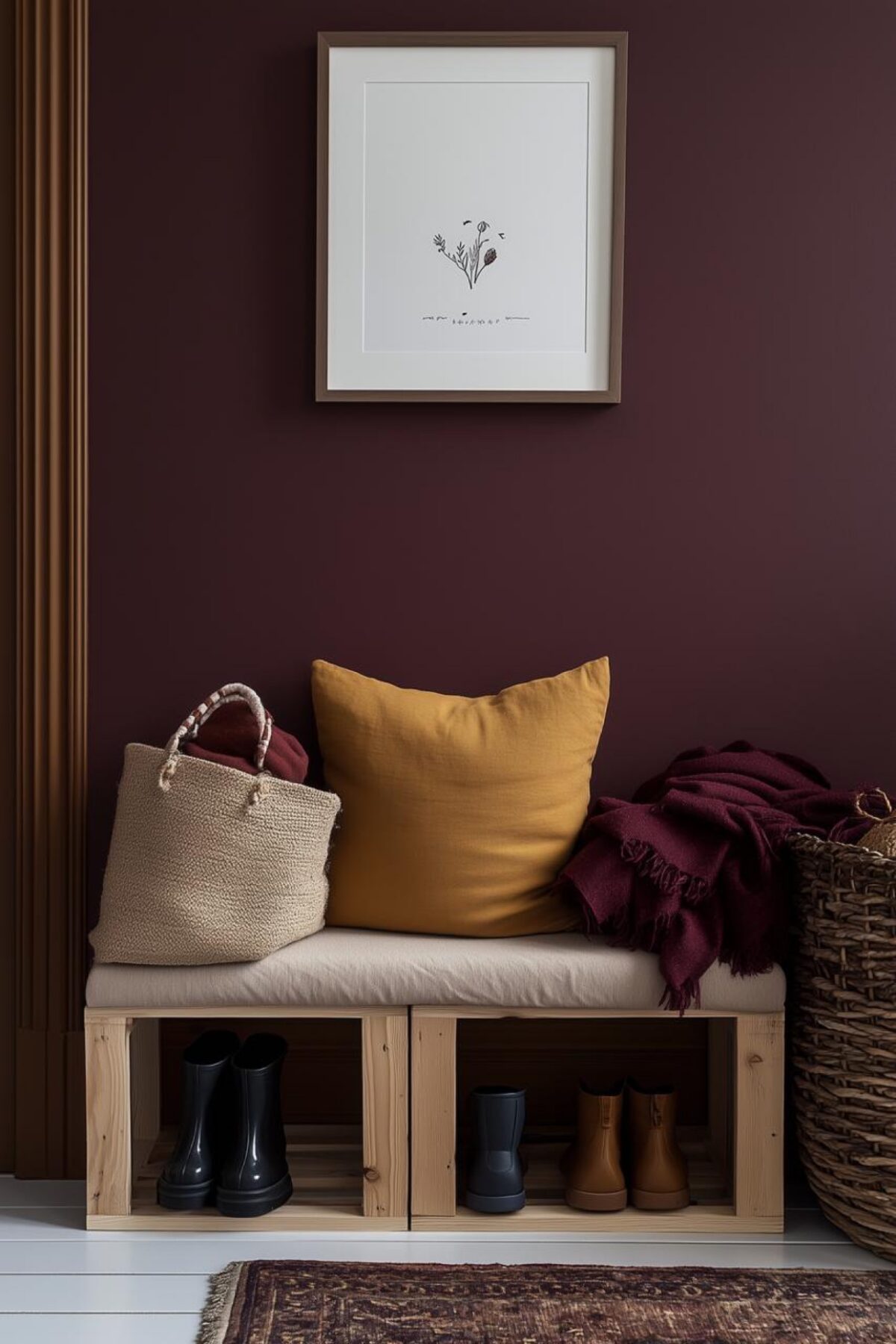 banc à chaussures en bois clair avec coussin blanc, bottes rangées dessous, panier tressé, coussin moutarde et mur bordeaux