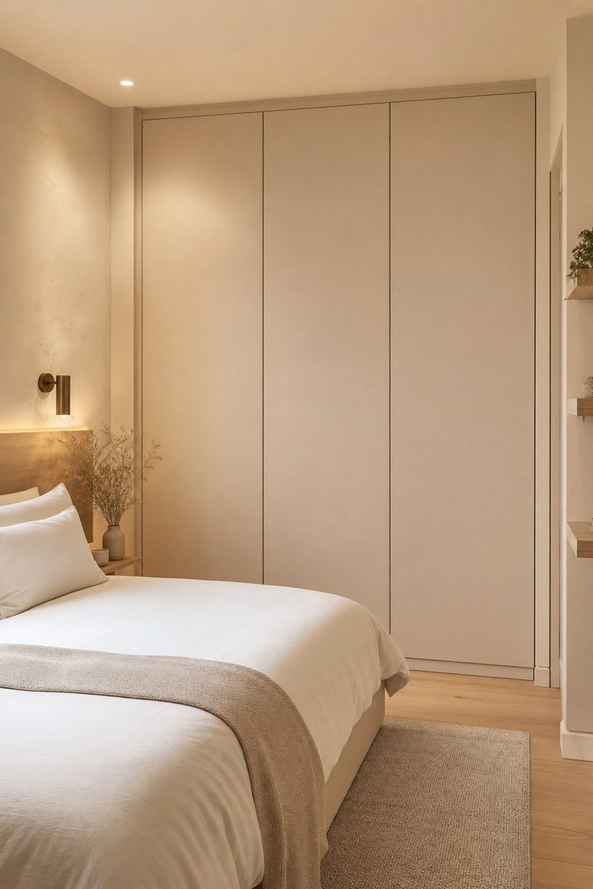 Dressing fermé beige dans une chambre apaisante avec grandes portes discrètes, lit blanc cassé et lumière douce.