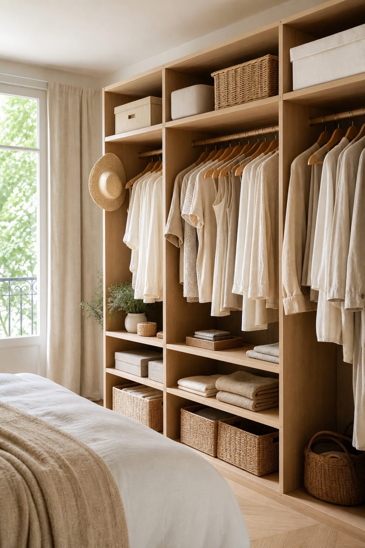 Dressing ouvert en bois clair dans une chambre lumineuse avec vêtements neutres suspendus, paniers tressés et boîtes coordonnées.