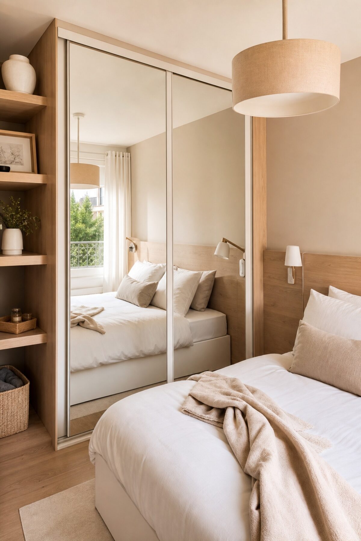 Petite chambre avec dressing à portes coulissantes miroir, lit blanc, bois clair et circulation optimisée autour du lit.