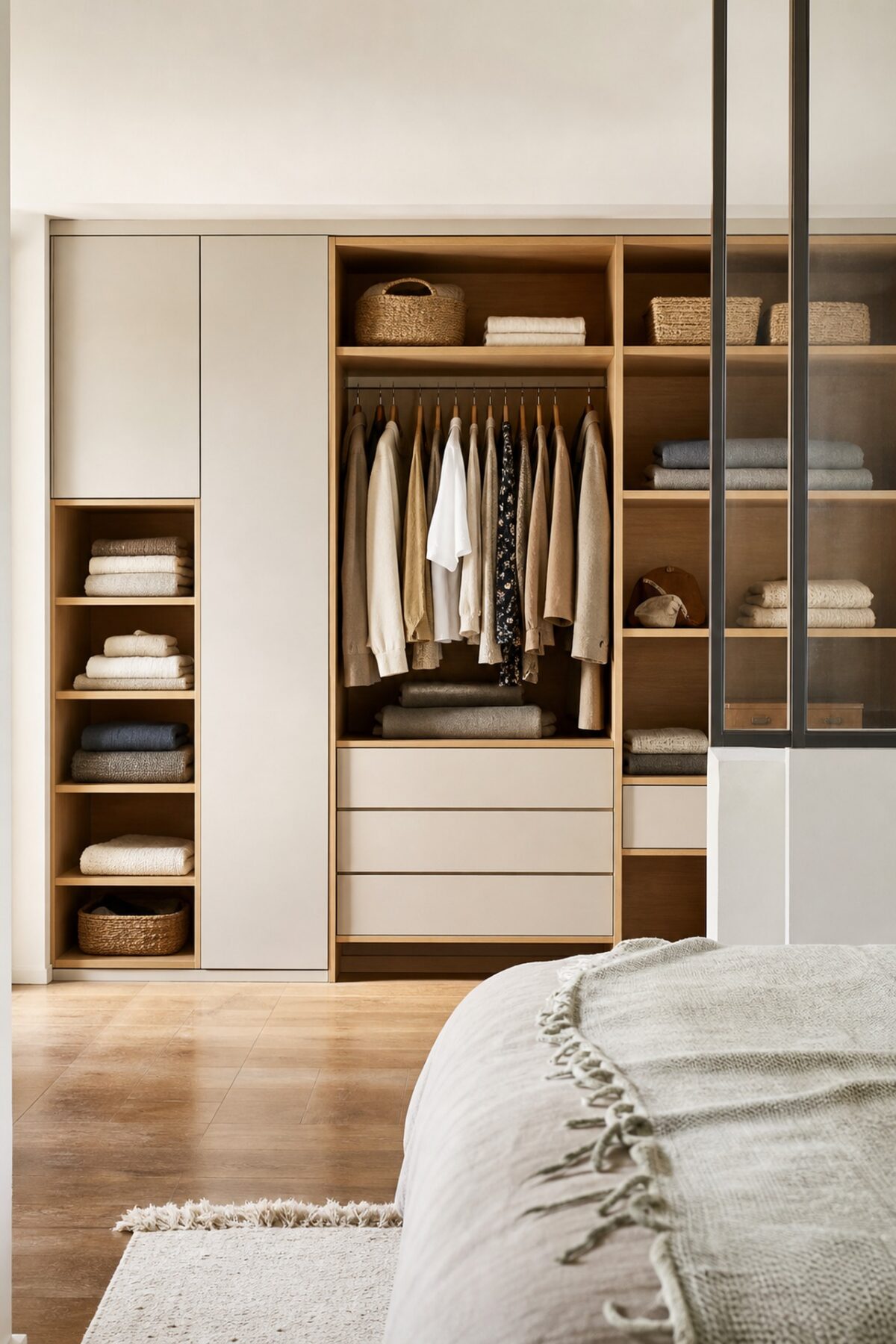 Dressing semi-ouvert avec niches en chêne clair, tiroirs fermés, penderie organisée et paniers de rangement naturels.