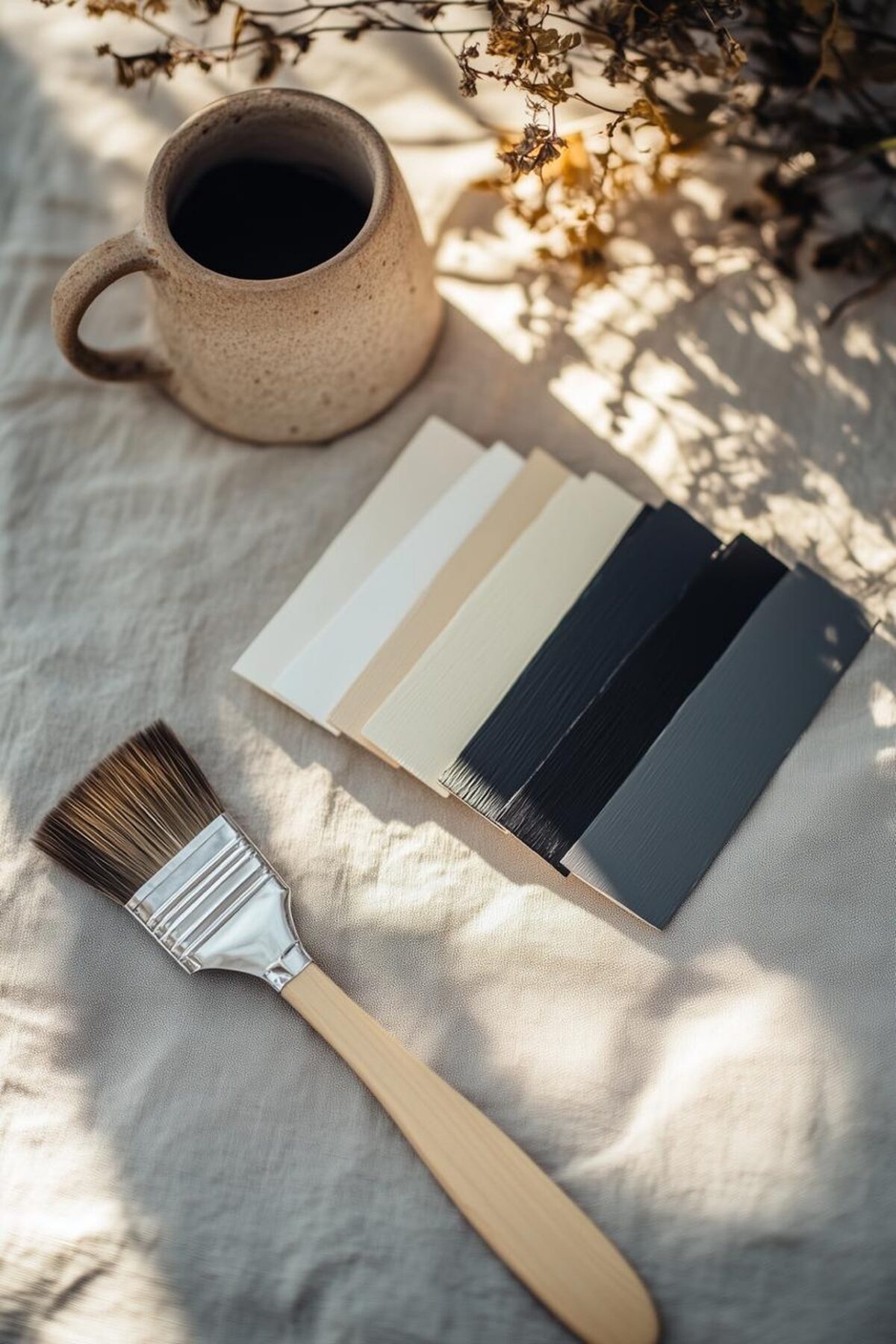 Nuancier de peintures pour cuisine sombre avec blancs cassés, beiges, greiges, bleu nuit et gris, posé avec un pinceau sur une toile claire baignée de lumière.