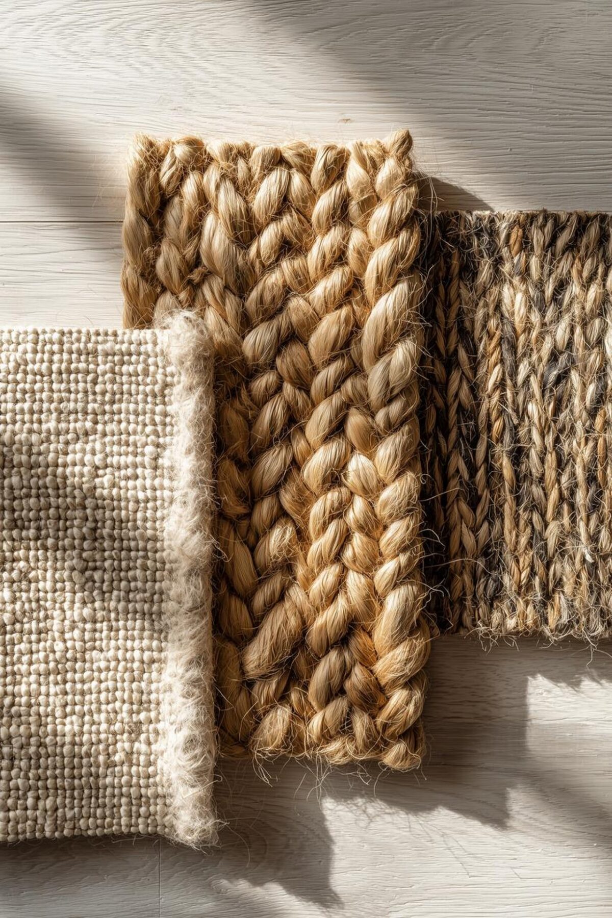 Échantillons de tapis en sisal, jute et jonc de mer montrant les différences de tissage, de couleur et de texture des fibres naturelles.