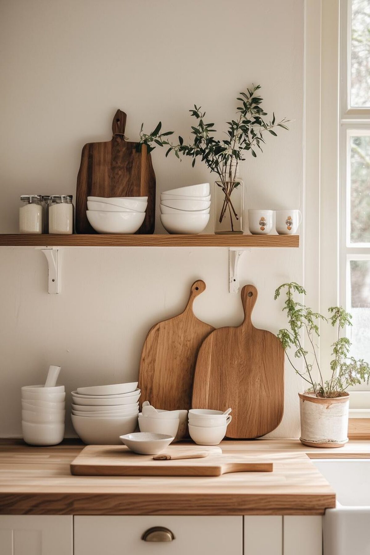 Étagères en bois clair sur mur blanc cassé avec bols blancs, planches à découper, bocaux et plantes près d’une fenêtre dans une cuisine lumineuse et naturelle.