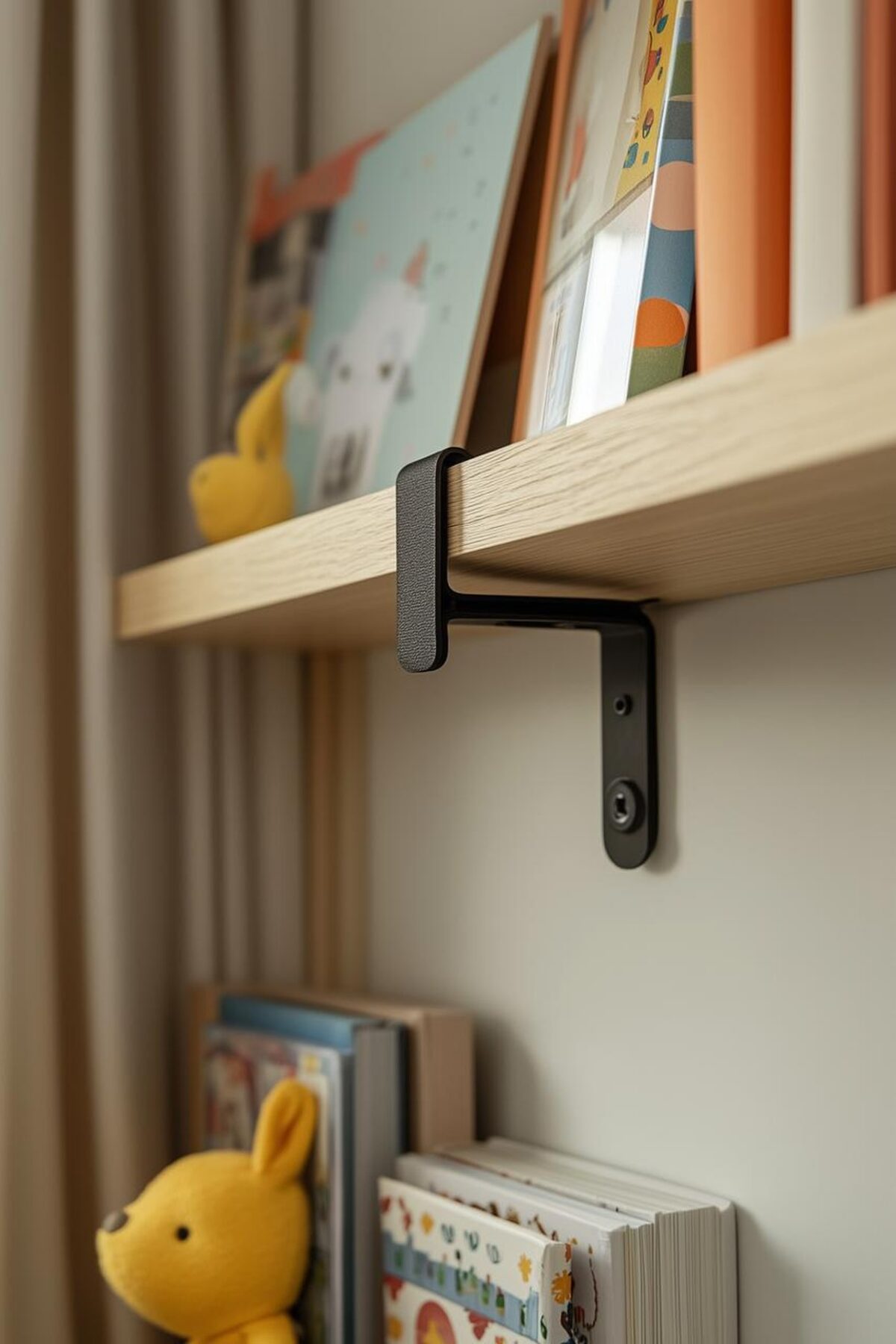 Gros plan sur une équerre noire fixant une étagère murale en bois dans une chambre d’enfant, avec livres et jouet posés à proximité pour illustrer la sécurité des rangements en hauteur.