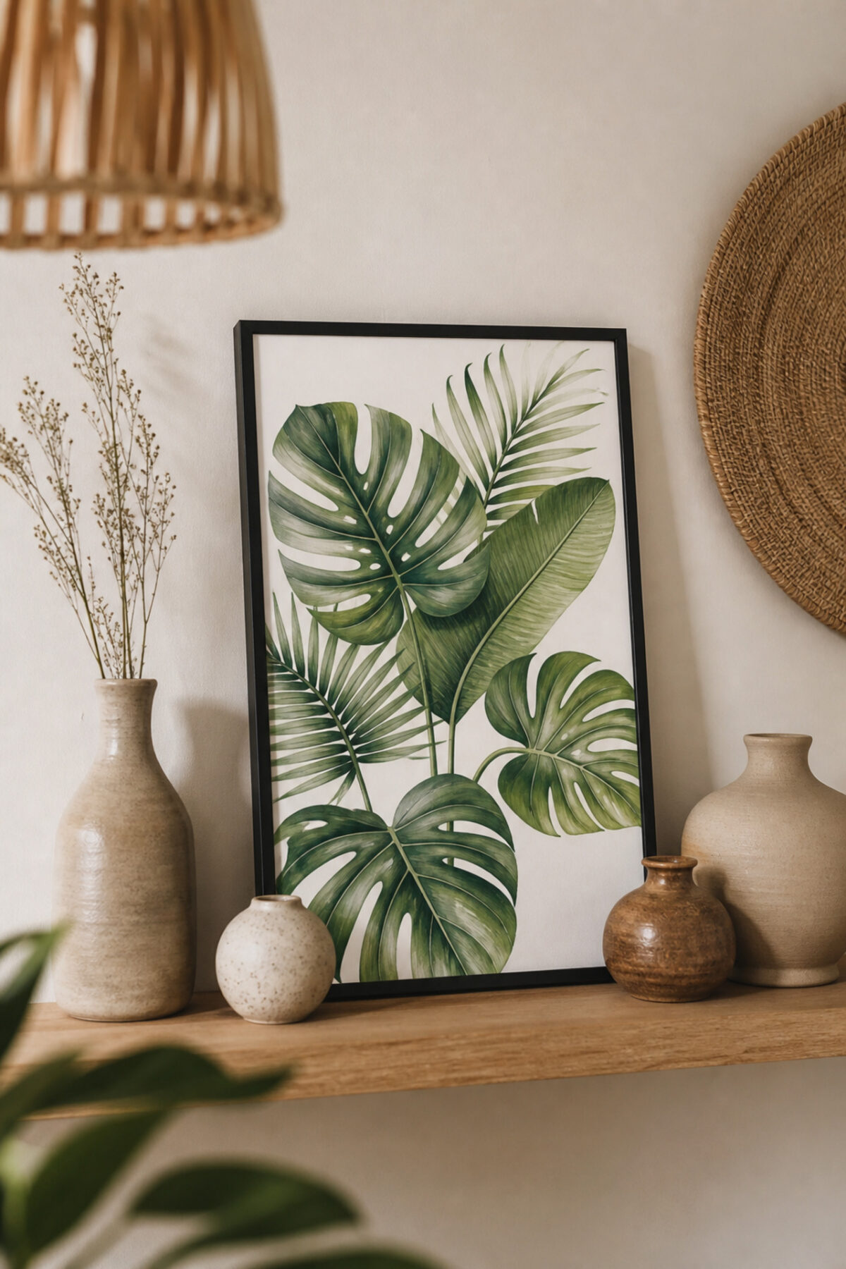 Illustration botanique encadrée réalisée aux marqueurs à alcool, feuilles tropicales en tons verts, cadre noir sur mur blanc au-dessus d’une étagère