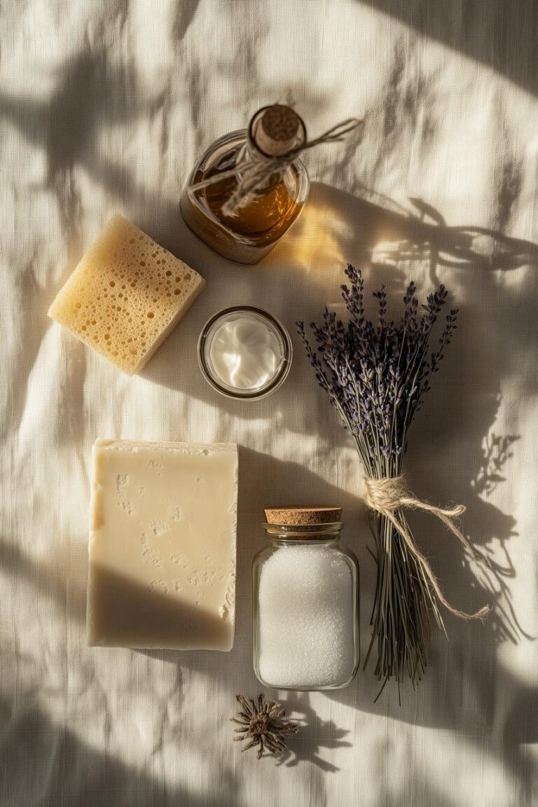 savon, bicarbonate, éponge et lavande sur un tissu clair pour nettoyer un tapis naturellement