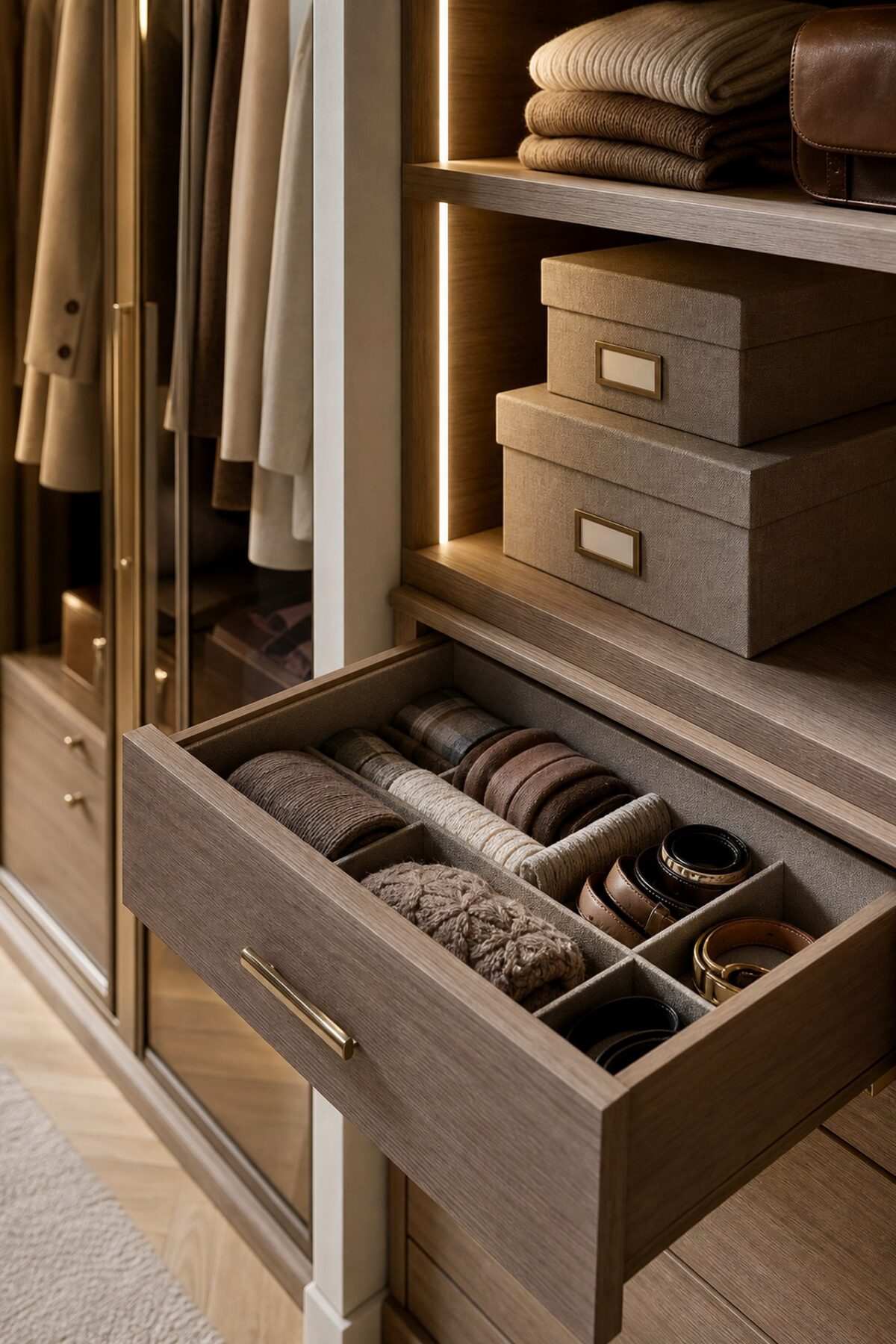 intérieur de placard avec tiroir en bois ouvert, accessoires pliés, boîtes de rangement en tissu et éclairage intégré
