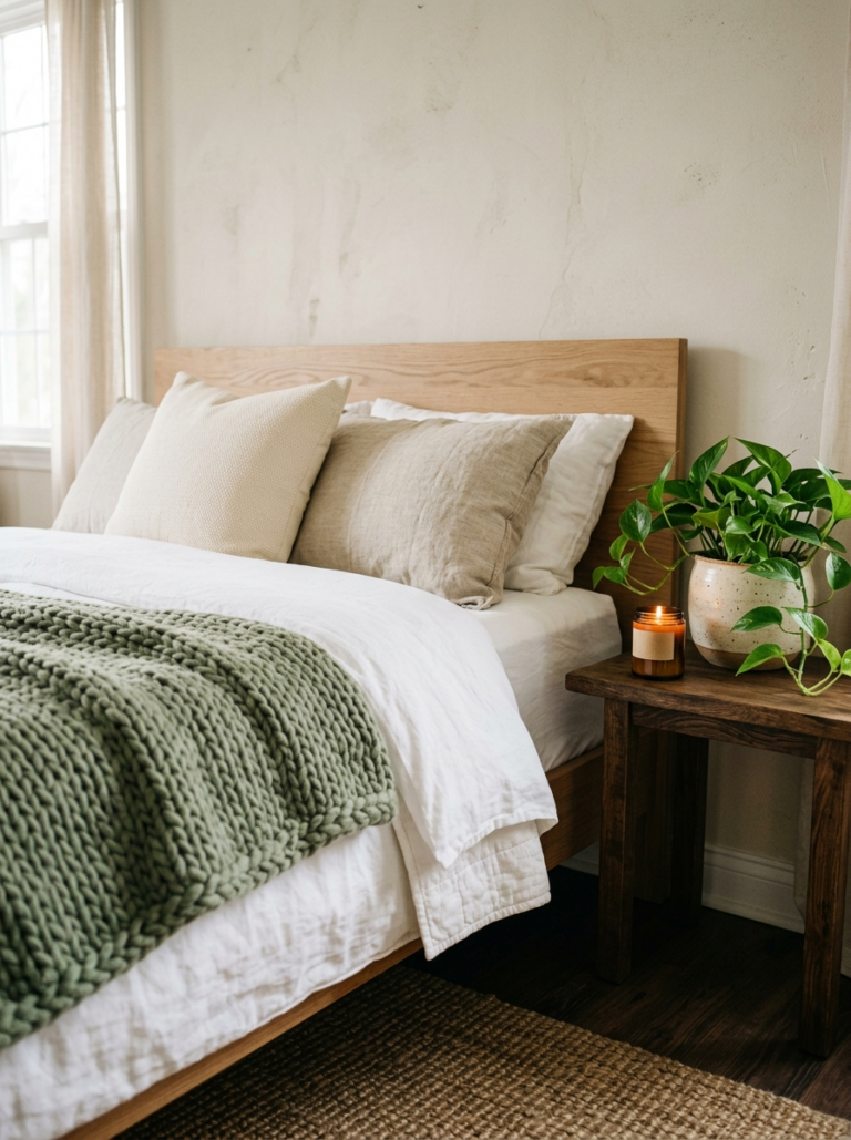 Lit de studio habillé d’un plaid en grosse maille, avec plante verte sur la table de chevet
