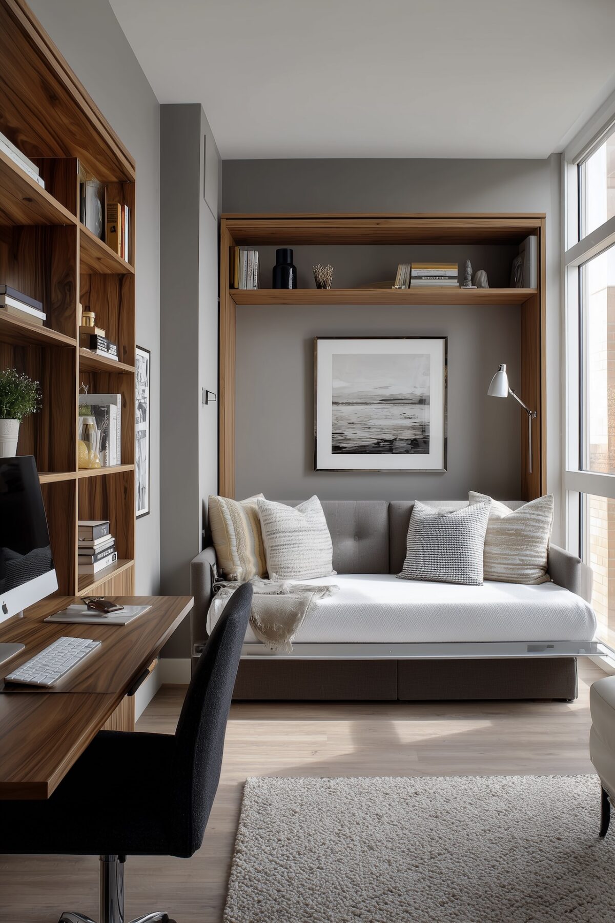 Studio avec lit escamotable en position canapé-jour à côté d'un bureau intégré en noyer et bibliothèque murale, clavier et écran sur le plan de travail, étagères avec livres et objets déco, fauteuil de bureau noir, tapis crème, lumière naturelle
