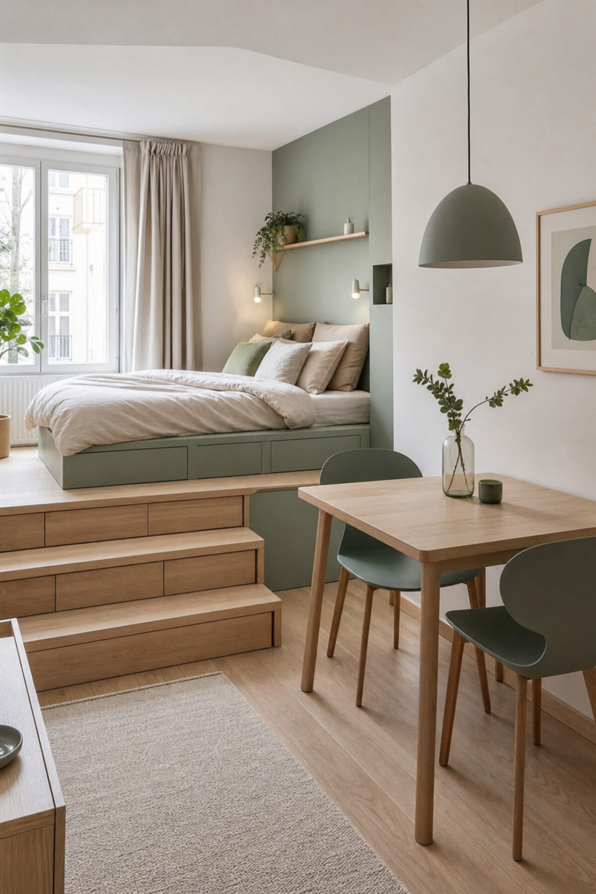 appartement compact avec zone nuit sur estrade pastel vert, marches en bois clair et table à manger proche