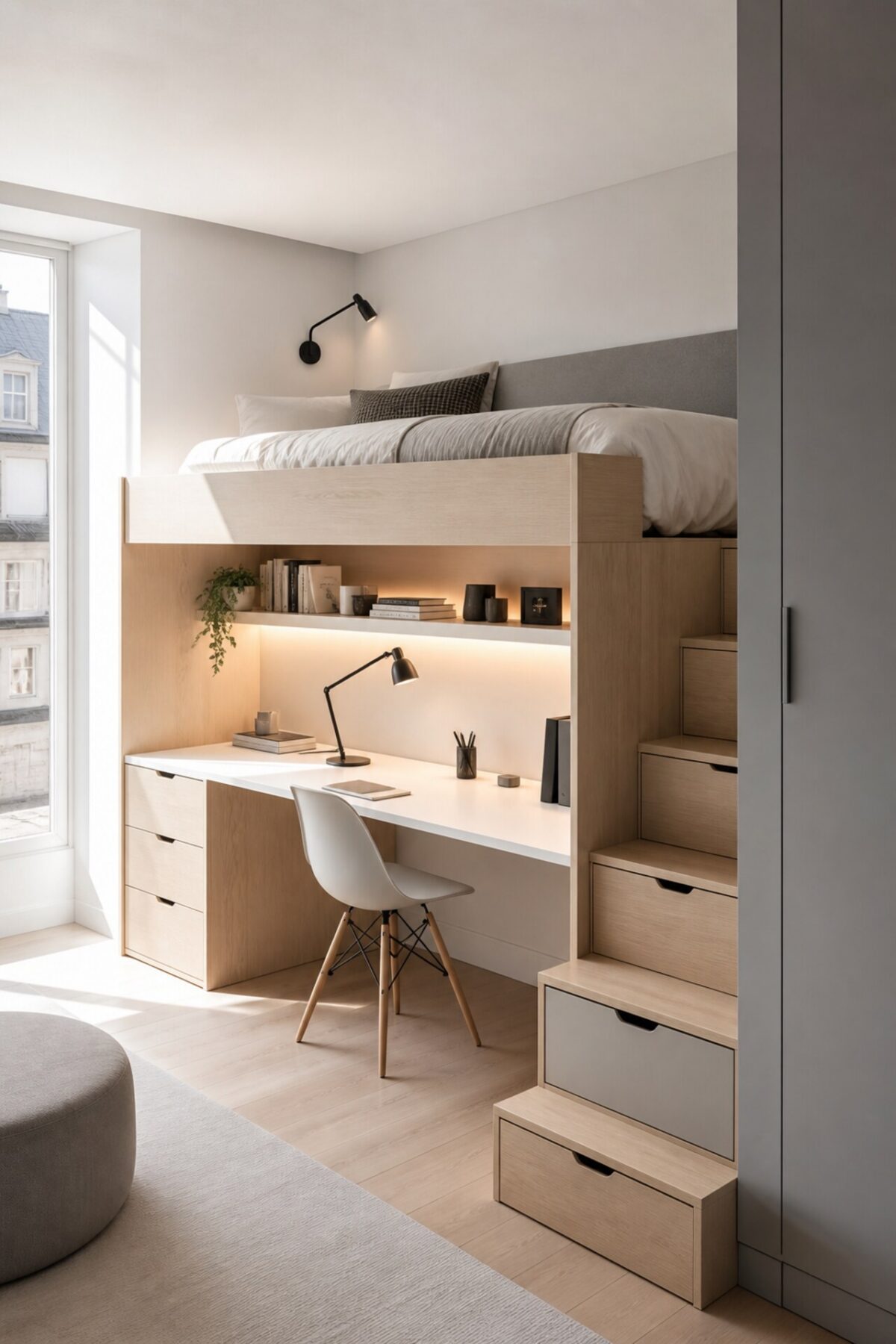 lit estrade adulte avec bureau intégré, menuiserie bois clair et gris doux dans une chambre minimaliste