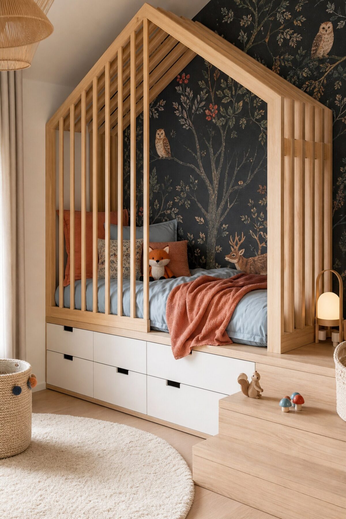 lit estrade effet cabane avec barreaux en bois clair et papier peint animalier dans une chambre enfant
