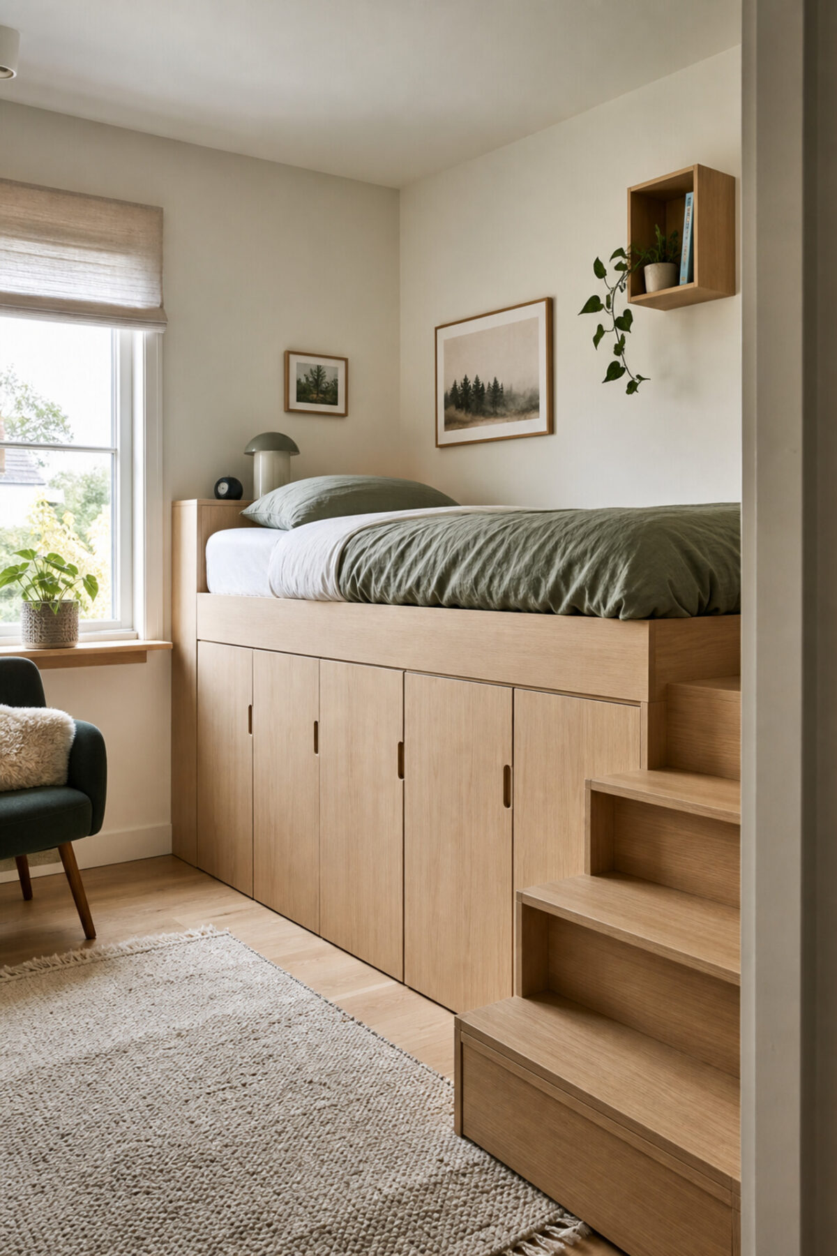 chambre d’ado avec lit estrade en bois clair, rangements façon placard et petites marches sécurisées