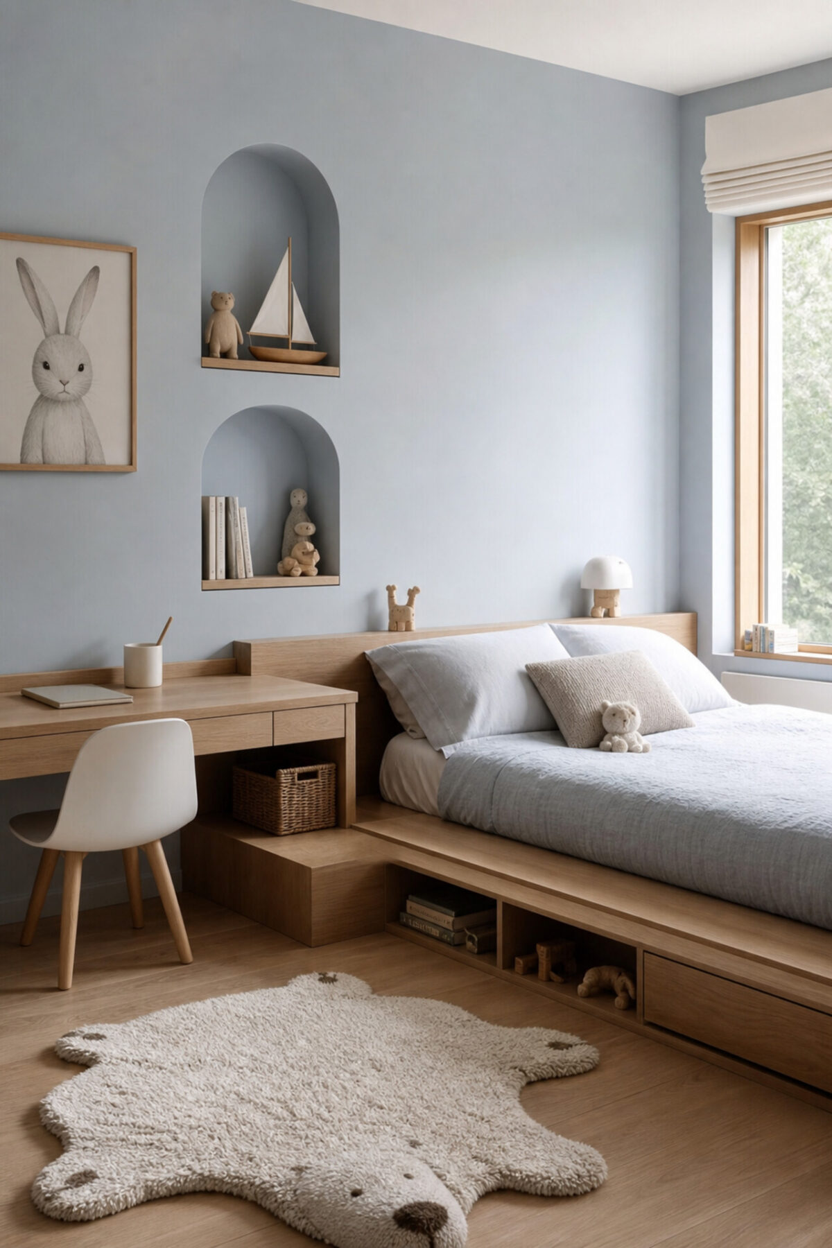 chambre d’enfant bleu pastel avec lit estrade en bois clair, petit bureau intégré, chaise blanche et niches de rangement