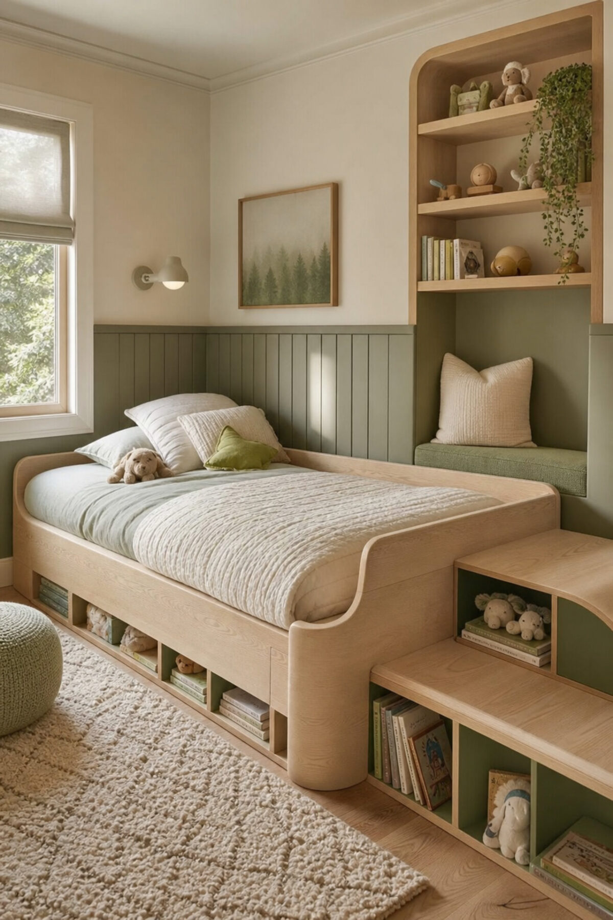 chambre d’enfant vert sauge avec lit estrade en bois clair, rangements ouverts et coin lecture