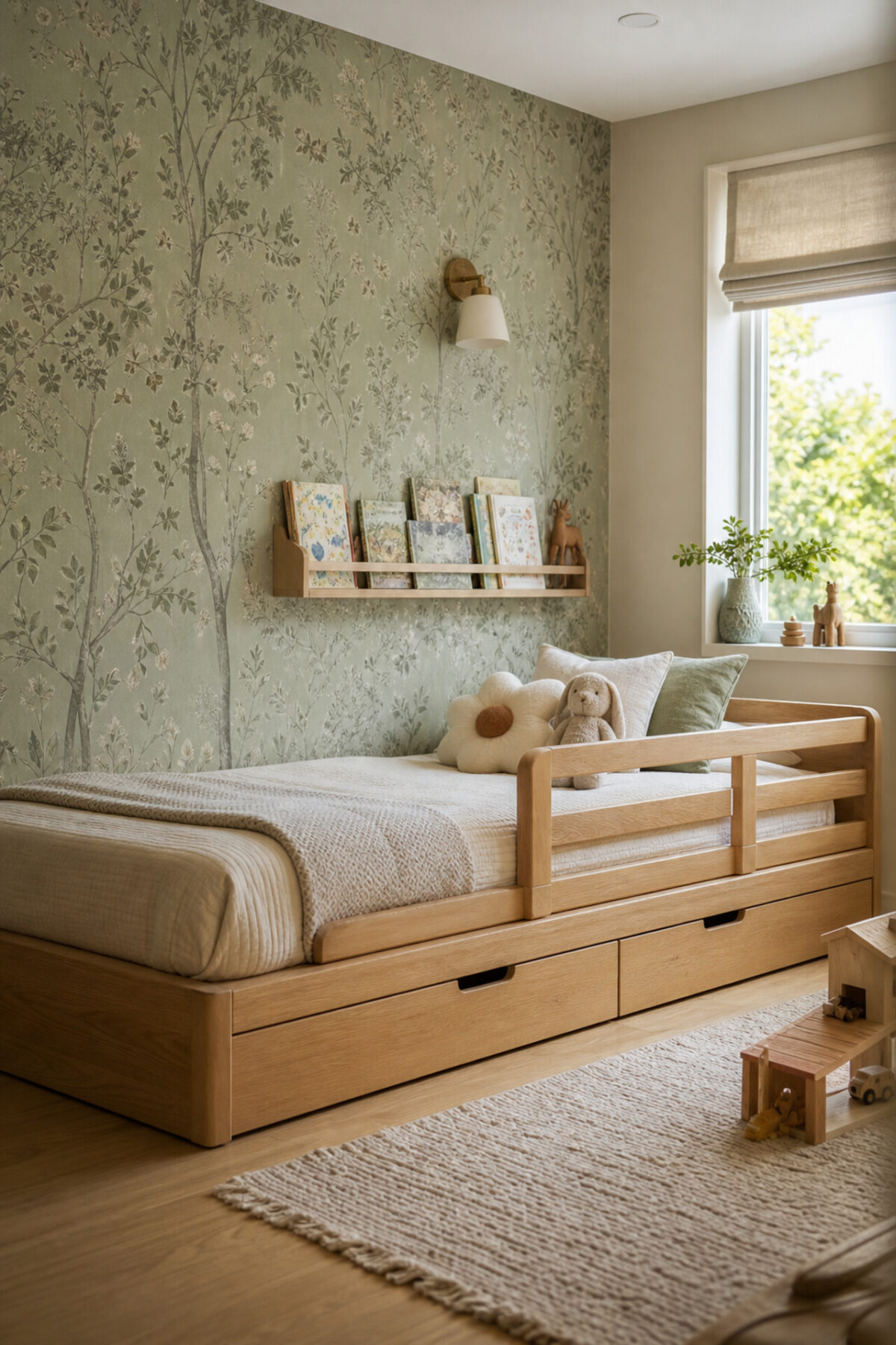 chambre d’enfant avec lit estrade en bois clair, garde-corps simple, tiroirs et papier peint végétal