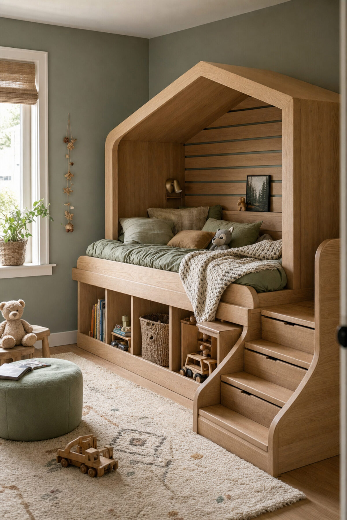 chambre d’enfant avec lit estrade effet cabane, marches sécurisées, rangements ouverts et murs vert grisé