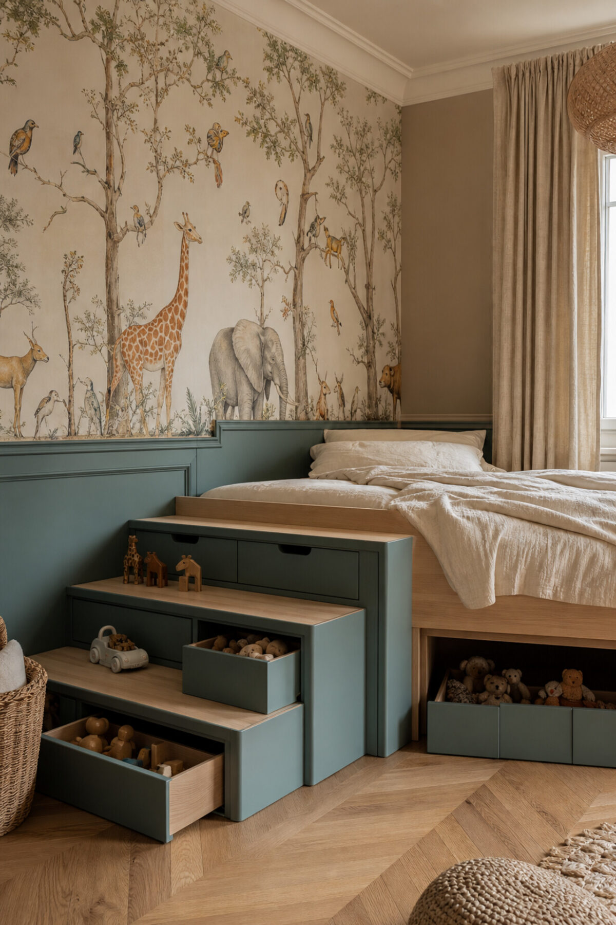 chambre d’enfant avec lit estrade en bois clair, marches bleu canard, papier peint animalier et tiroirs à jouets