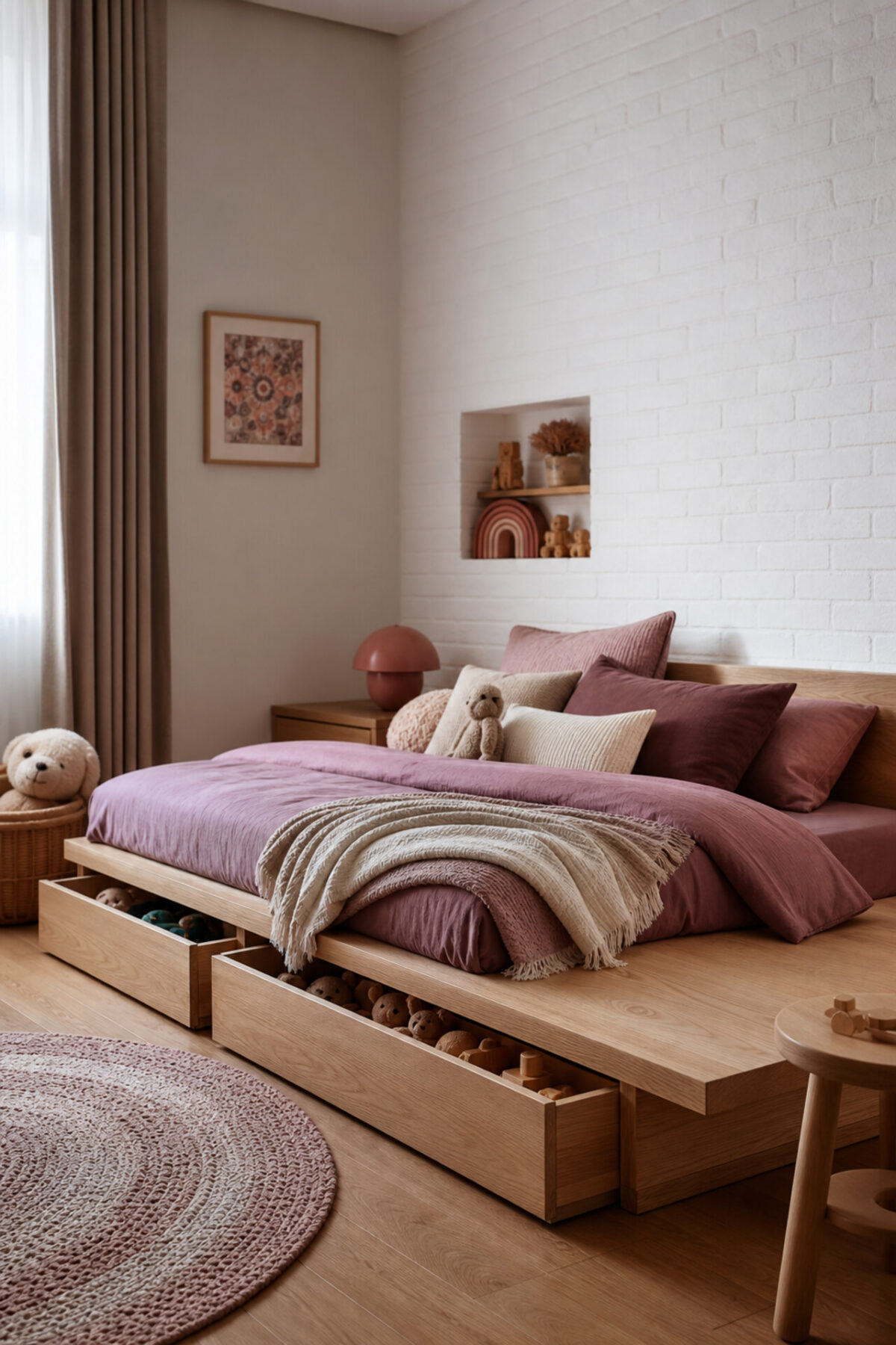 chambre d’enfant avec lit estrade en bois clair, tiroirs profonds, linge prune rose et mur en briques blanches