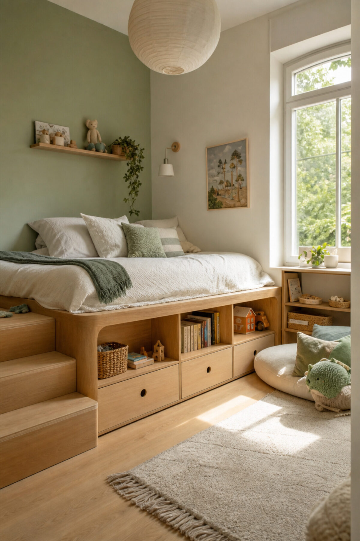 chambre d’enfant vert sauge avec lit estrade en bois clair, tiroirs, niches de rangement et marches sécurisées
