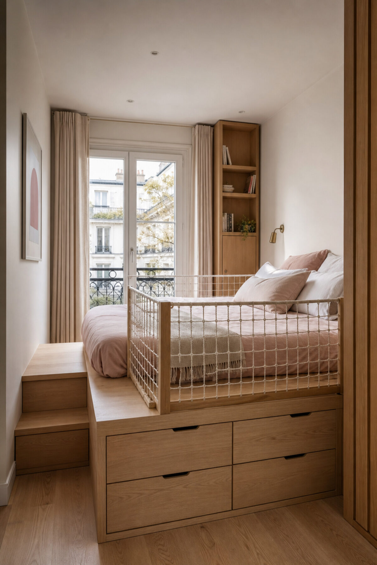 chambre compacte avec lit estrade en bois clair, rangement intégré et garde-corps léger