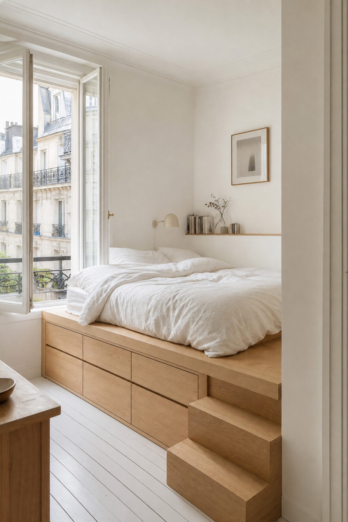 petite chambre lumineuse avec lit estrade en bois clair, marches simples et tiroirs intégrés