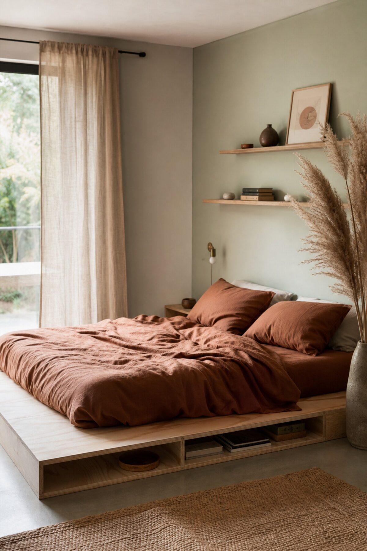 lit estrade bas en bois clair avec rangements ouverts dans une chambre naturelle aux tons terracotta