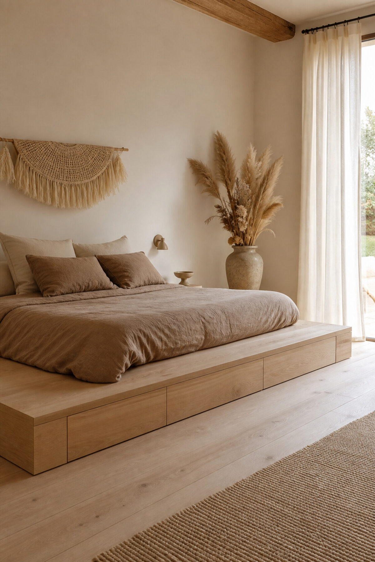 chambre naturelle avec lit estrade en bois clair, linge brun, tiroirs intégrés et vase de pampas