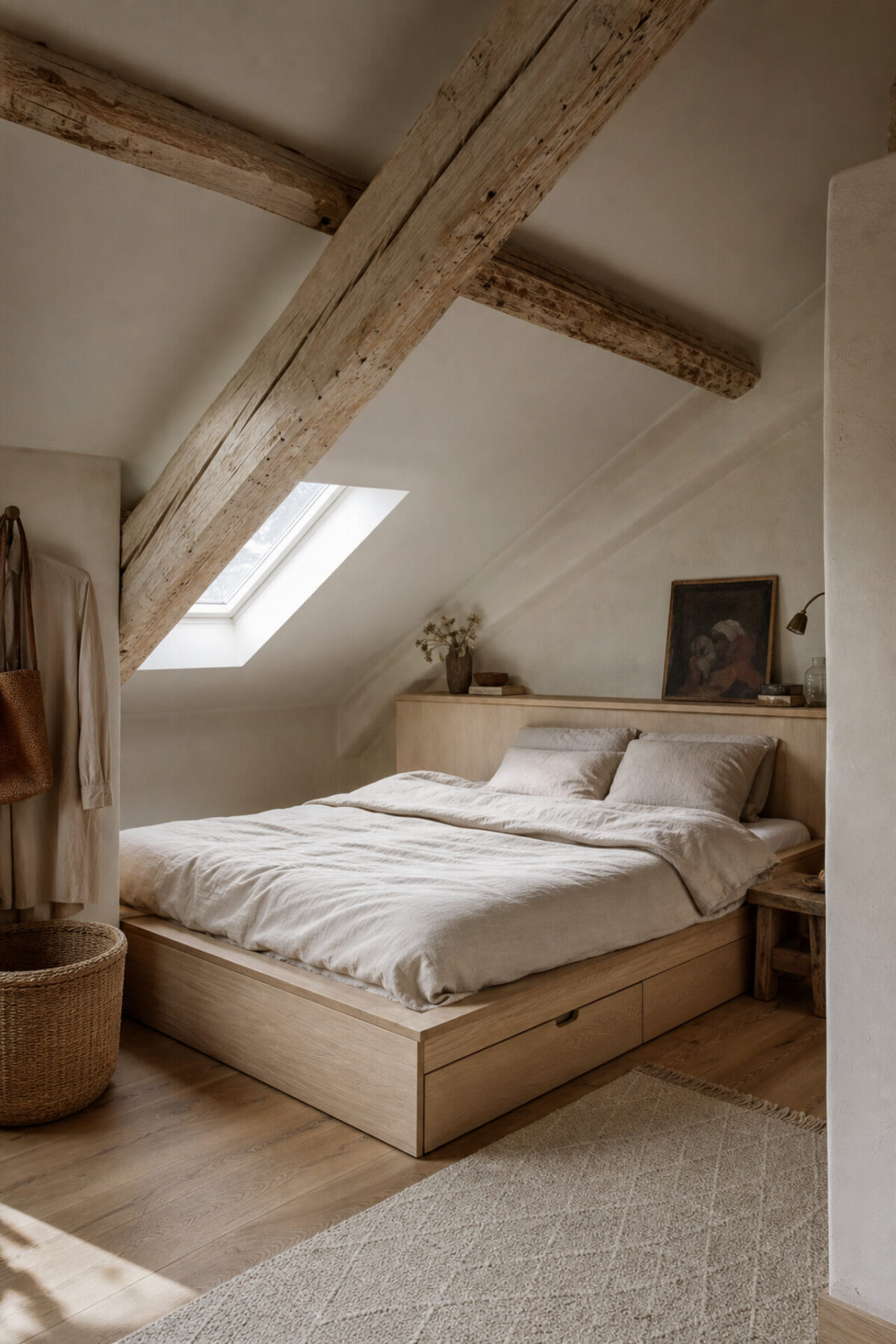 chambre cosy avec poutres apparentes, lit estrade en bois clair et tiroirs sous le couchage