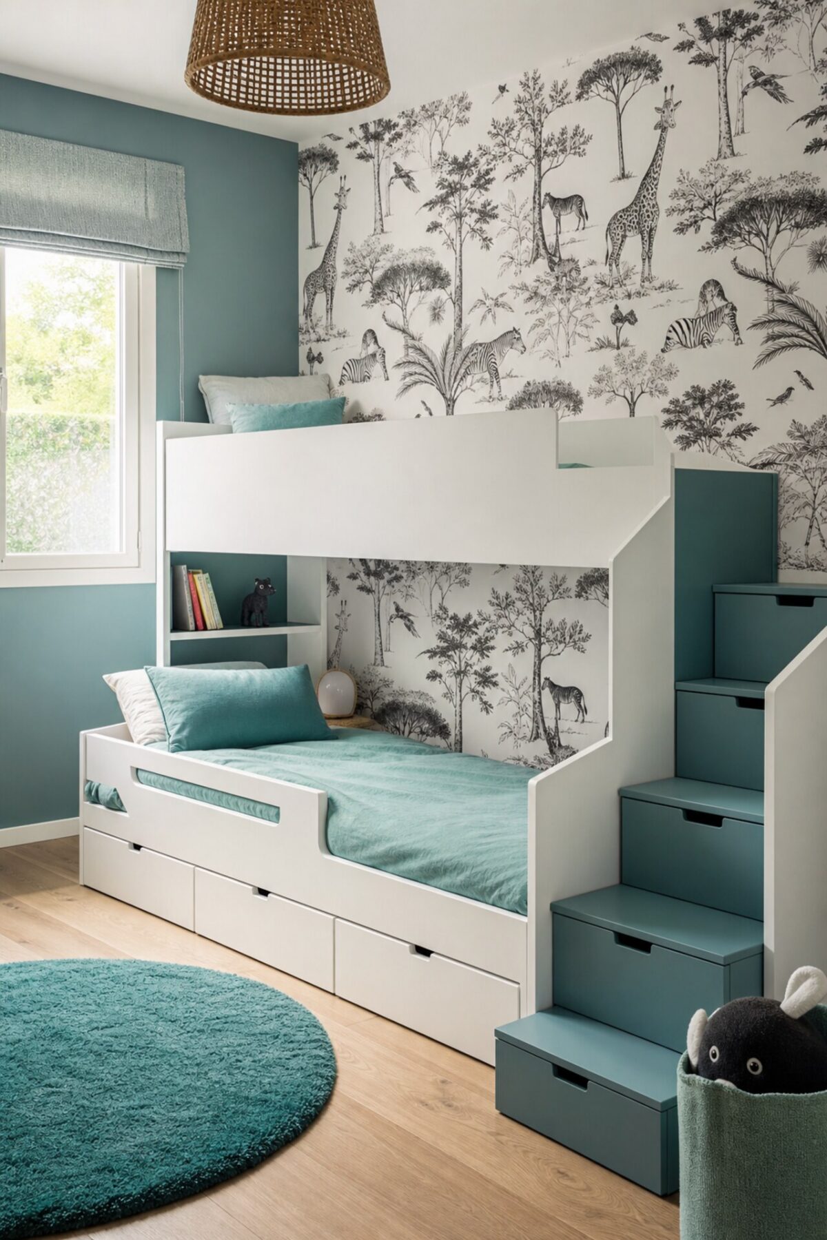lit estrade enfant blanc avec escalier bleu canard, tiroirs et papier peint animalier noir et blanc