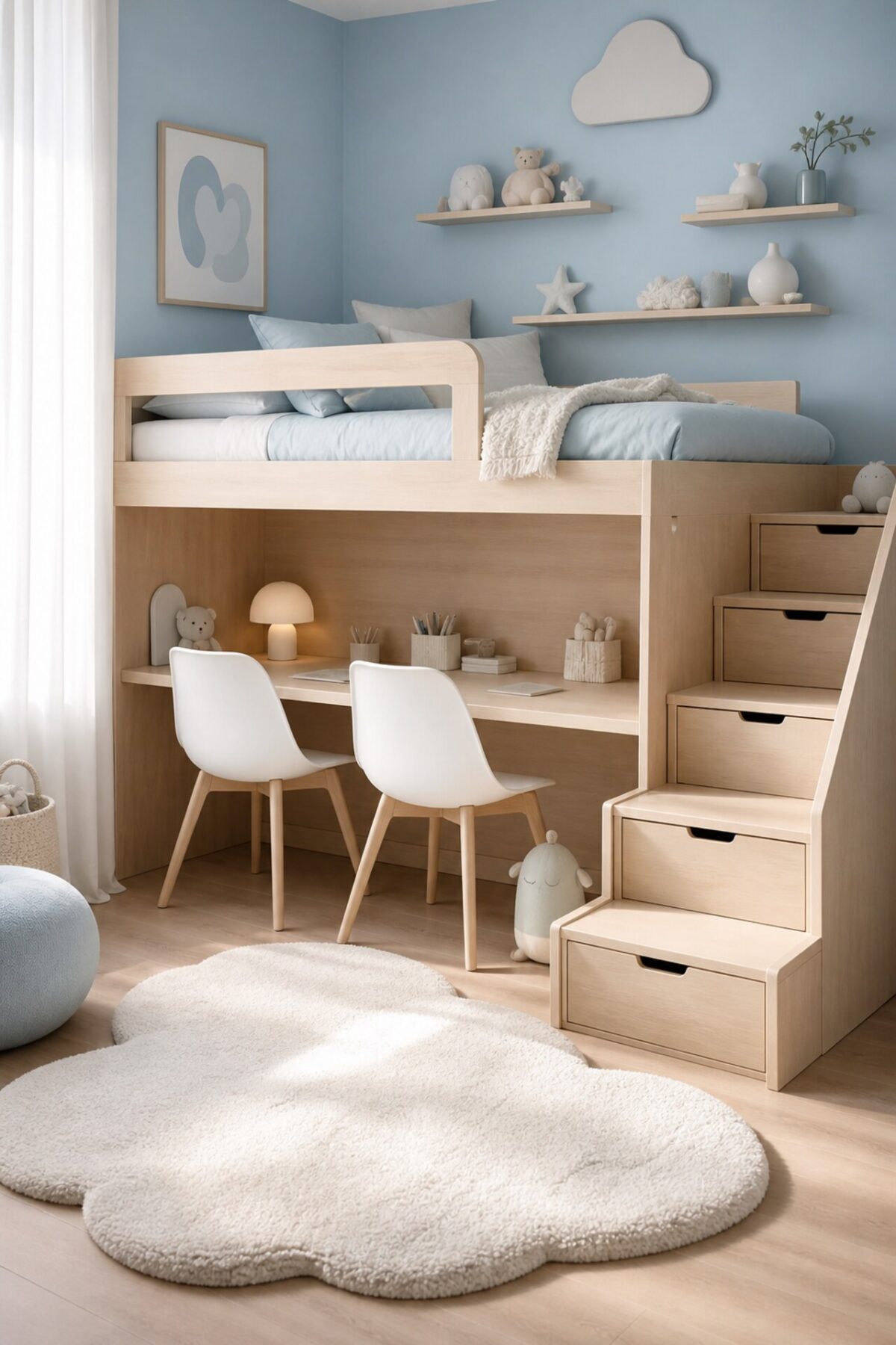 lit estrade en bois clair avec coin bureau intégré dans une chambre enfant bleu pastel