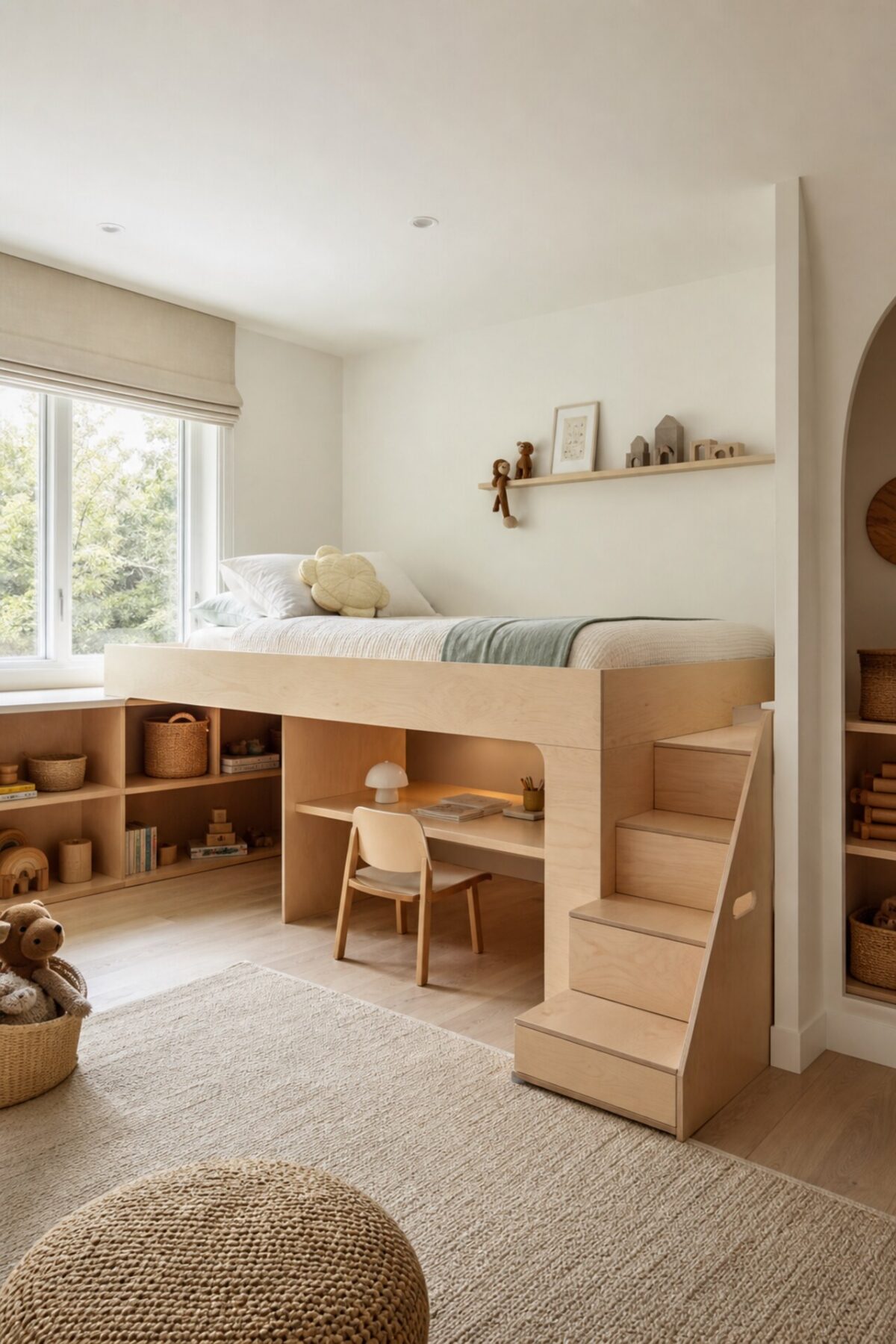 lit estrade en contreplaqué avec bureau caché et marches latérales dans une chambre enfant lumineuse