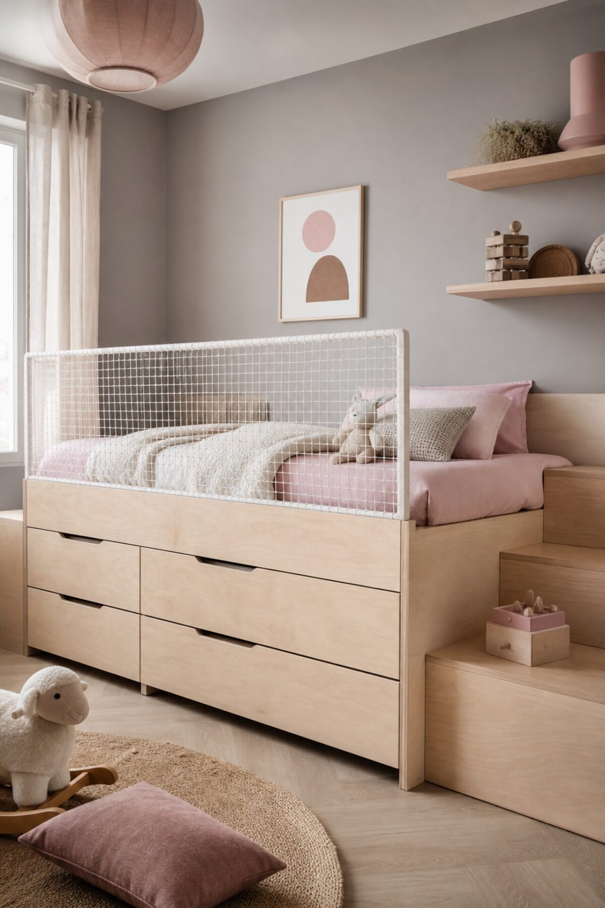 lit estrade en contreplaqué clair dans une chambre enfant avec grands tiroirs et filet de protection blanc
