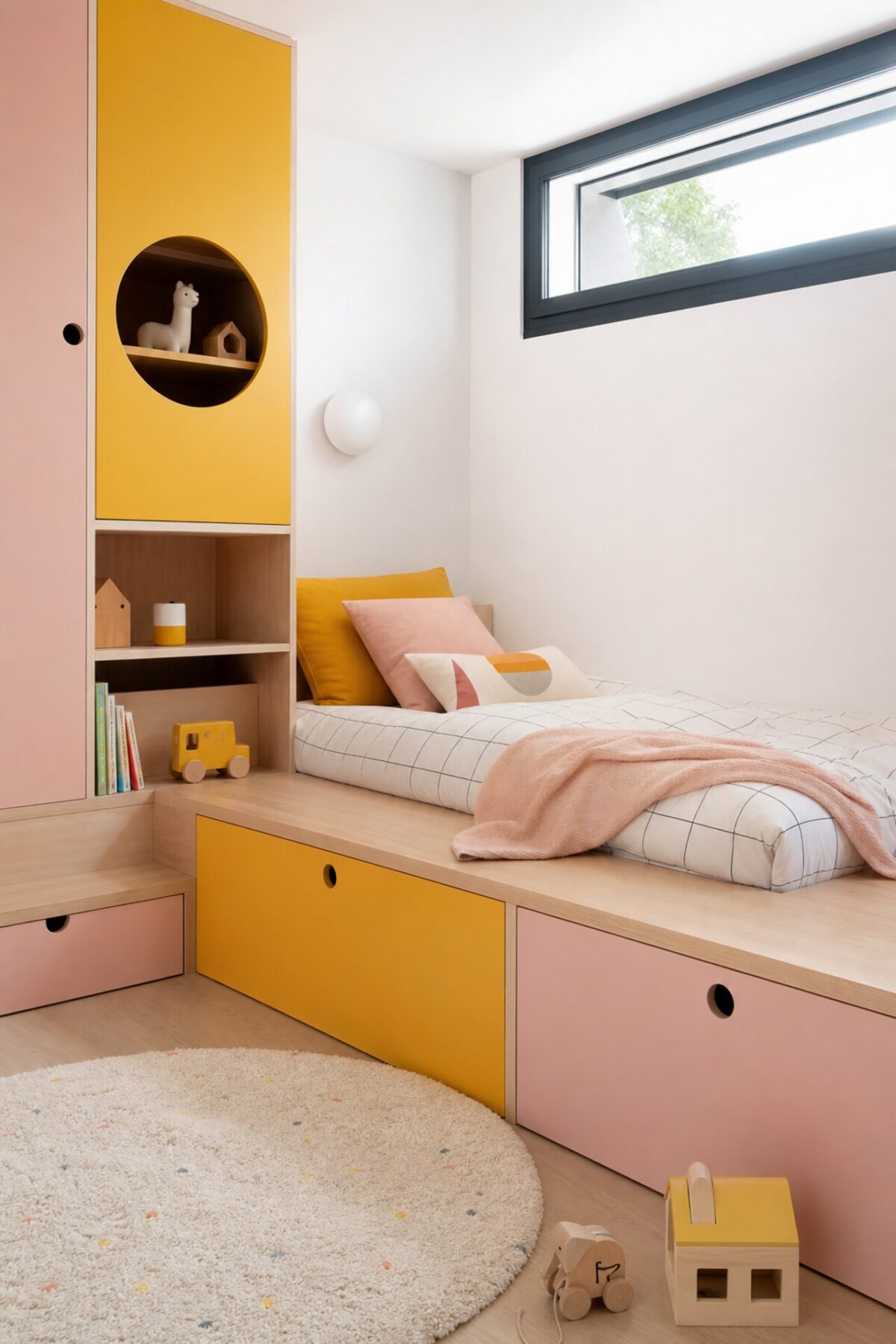 lit estrade enfant en bois clair avec façades de rangement jaune soleil et rose poudré