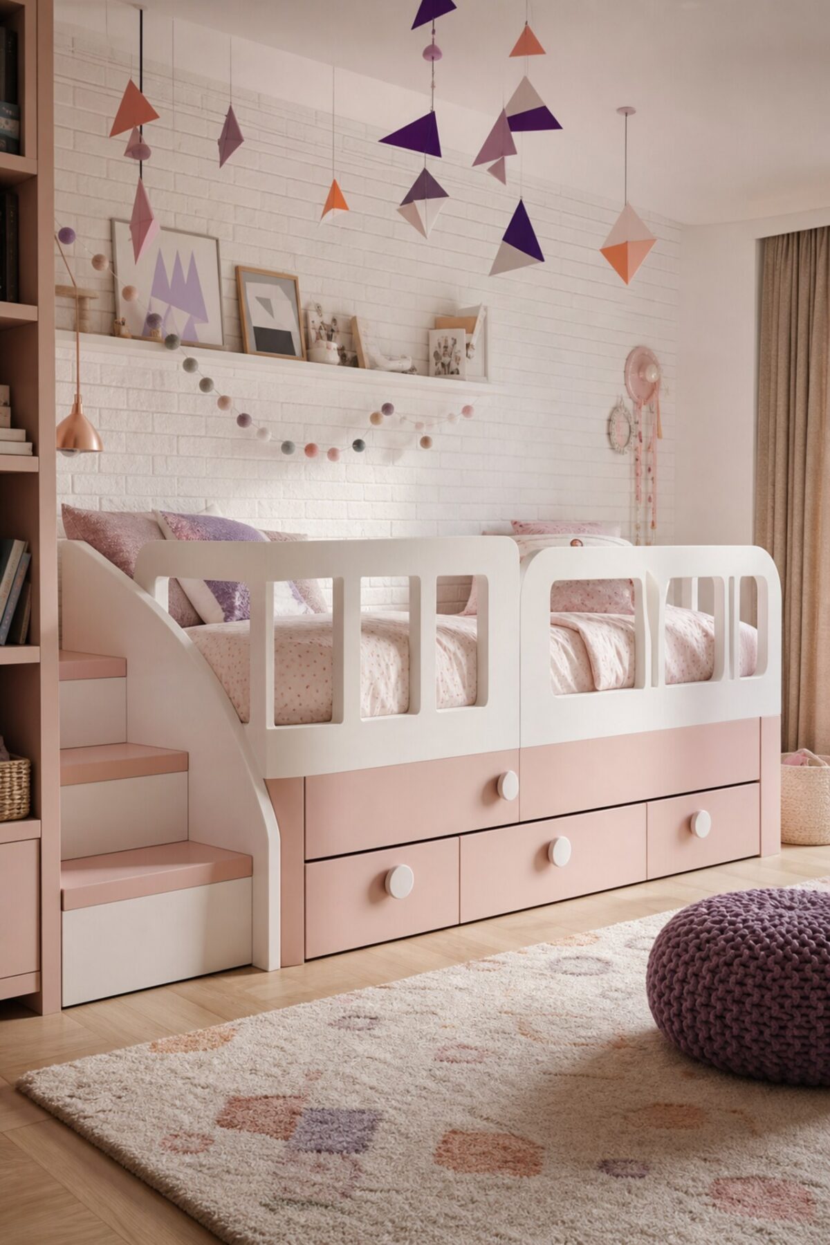 lit estrade enfant rose poudré et blanc avec tiroirs ronds et mur de briques blanches