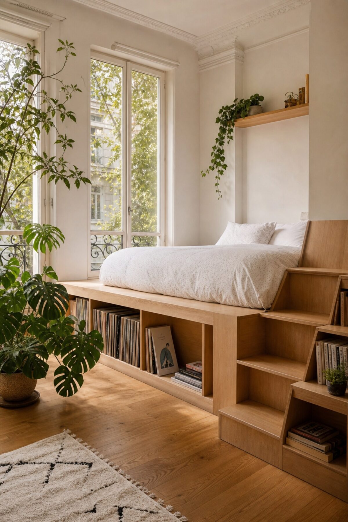 lit estrade compact en bois clair avec escalier bibliothèque, niches ouvertes et plantes dans une chambre lumineuse