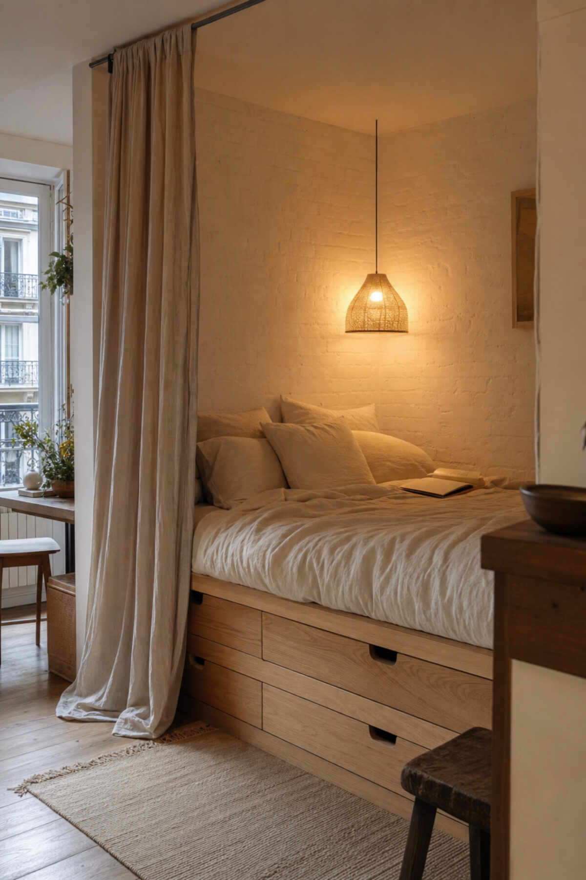 lit estrade double en bois clair avec tiroirs, mur en briques blanches et suspension chaleureuse