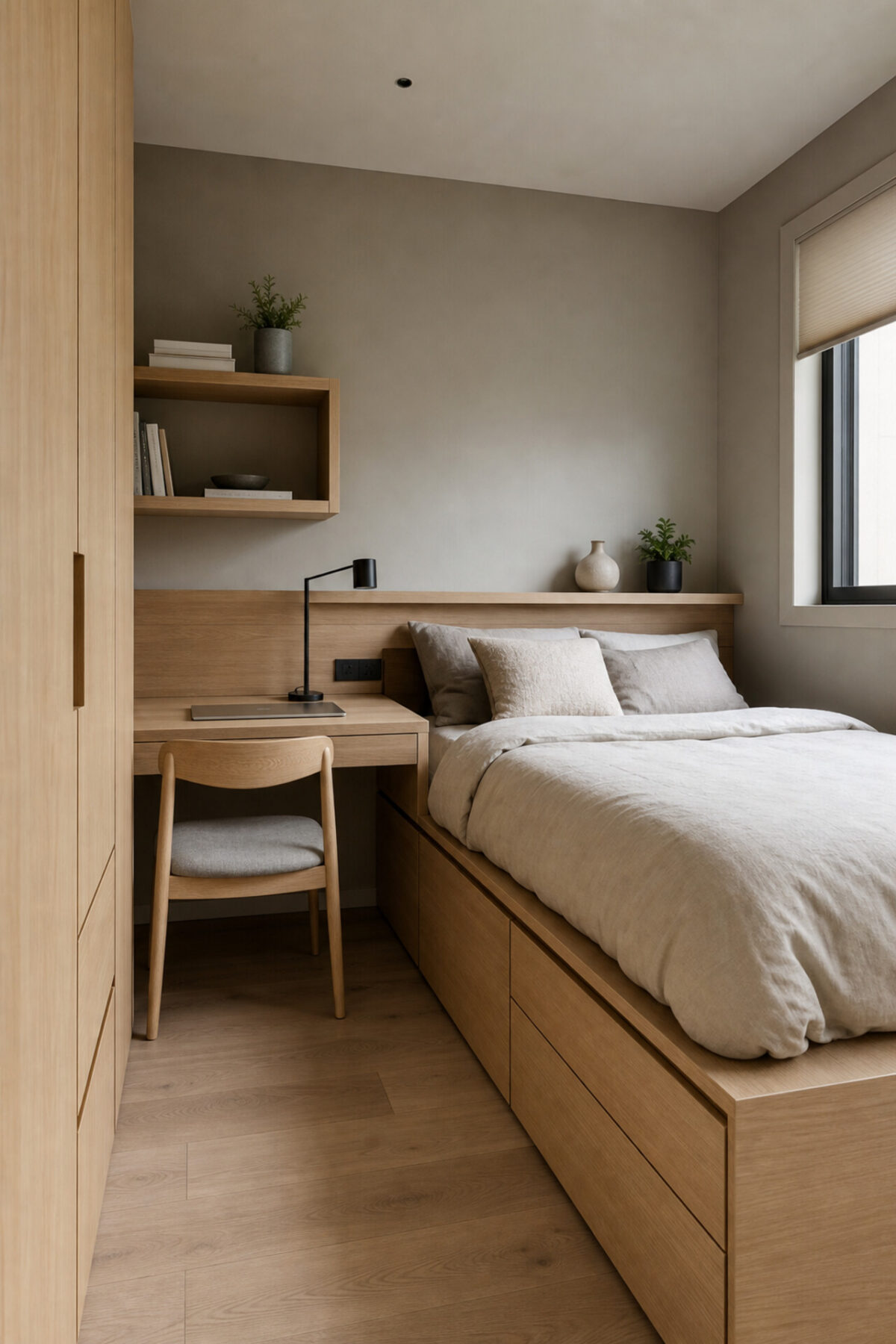 lit estrade en bois clair avec bureau intégré, chaise fine, tiroirs sous le lit et murs greige