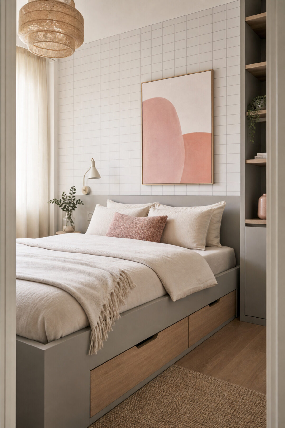 petite chambre avec lit estrade gris chaud, tiroirs bois clair, mur blanc texturé et tableau rose poudré