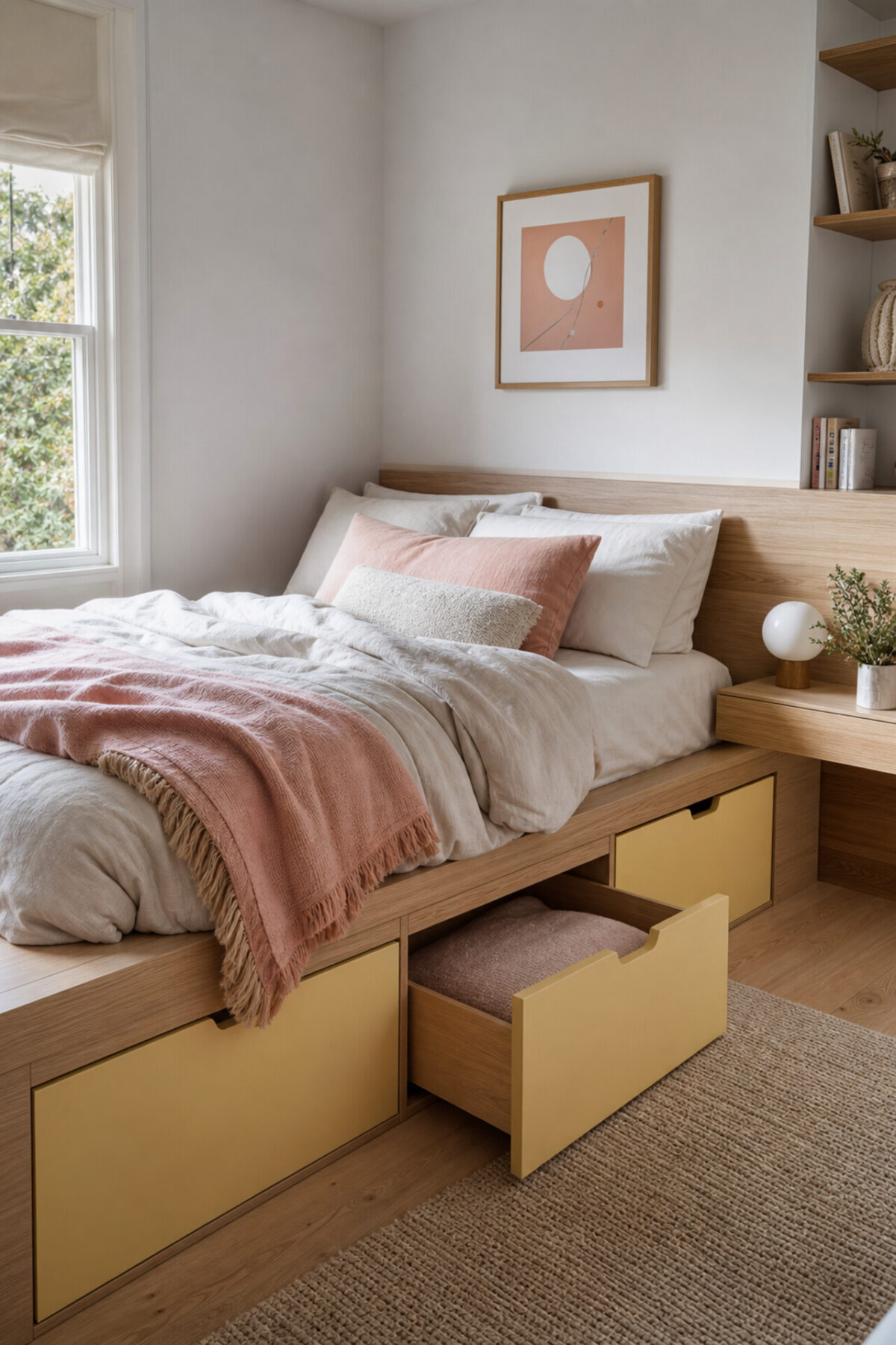 chambre lumineuse avec lit estrade en bois clair, façades jaune doux et détails rose pastel