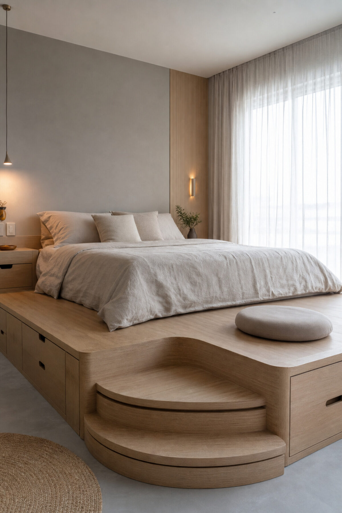 lit estrade en bois clair avec marches arrondies, tiroirs latéraux et coussin rond dans une chambre douce